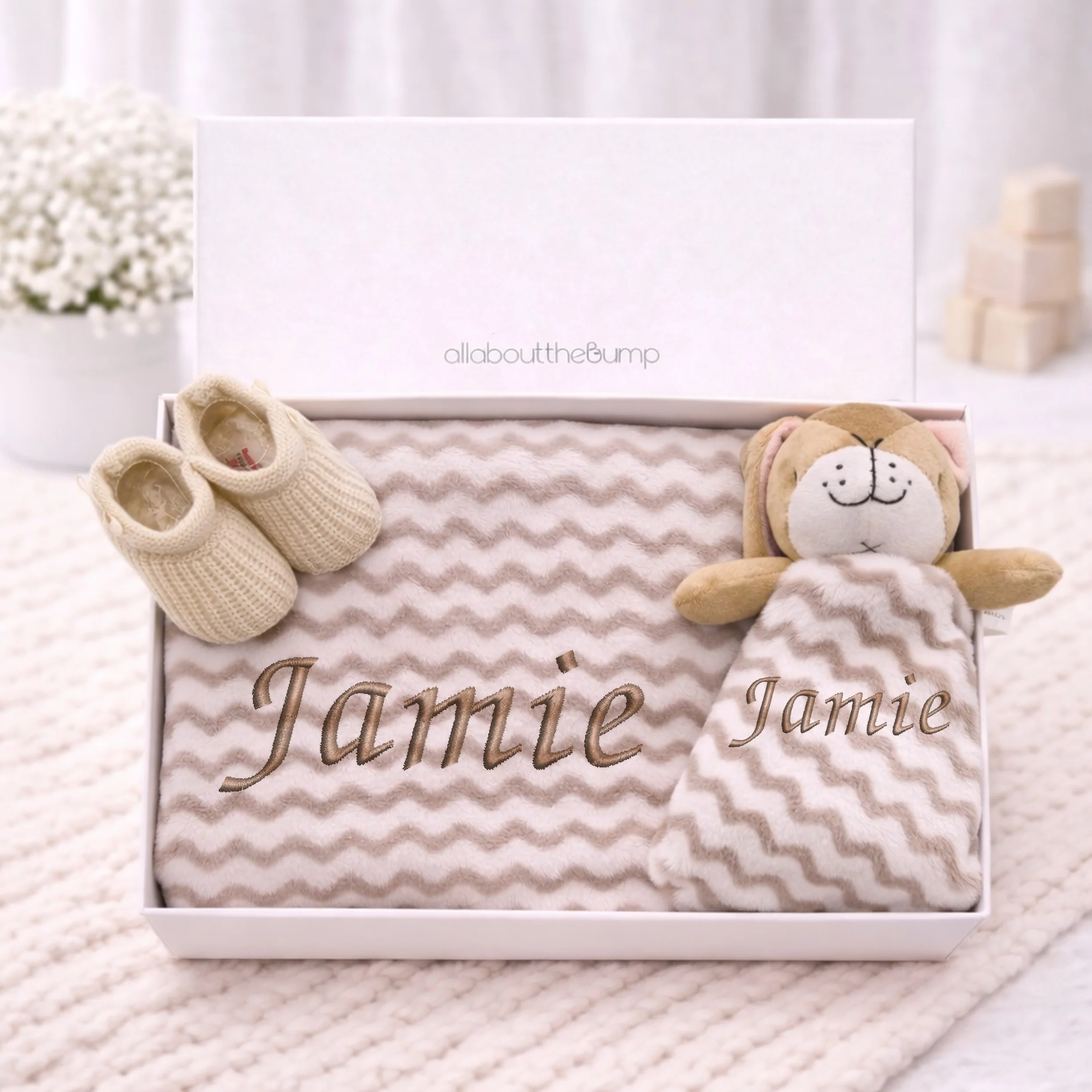 Embroidered Beige Zig Zag Blanket and Comforter Gift Set