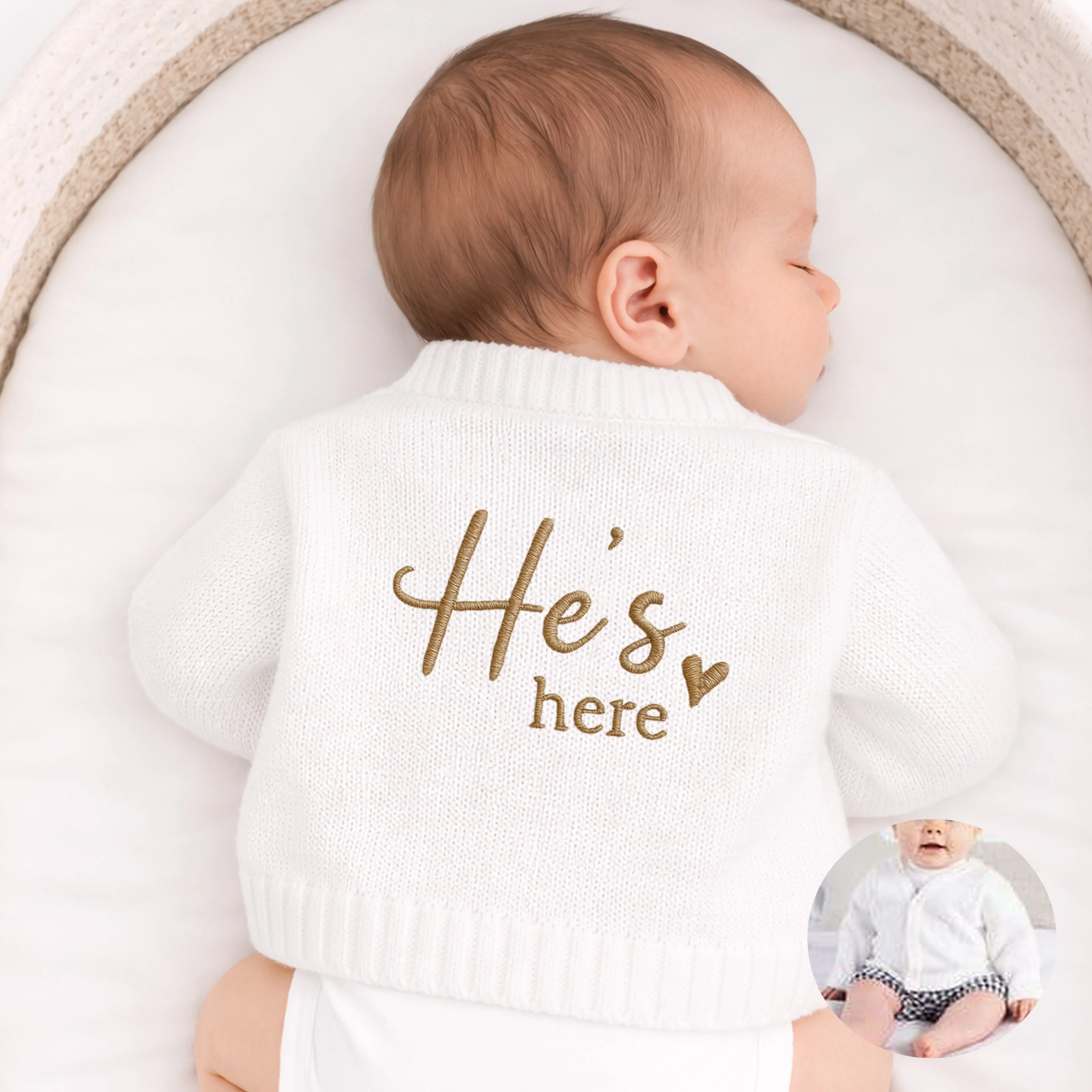 Embroidered He's Here Script Knitted Cardigan - Image 3