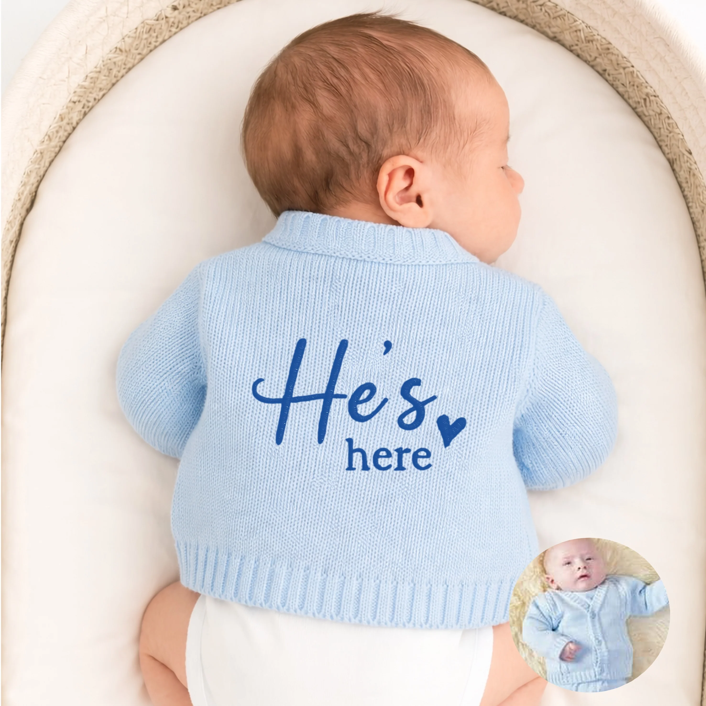 Embroidered He's Here Script Knitted Cardigan - Image 4