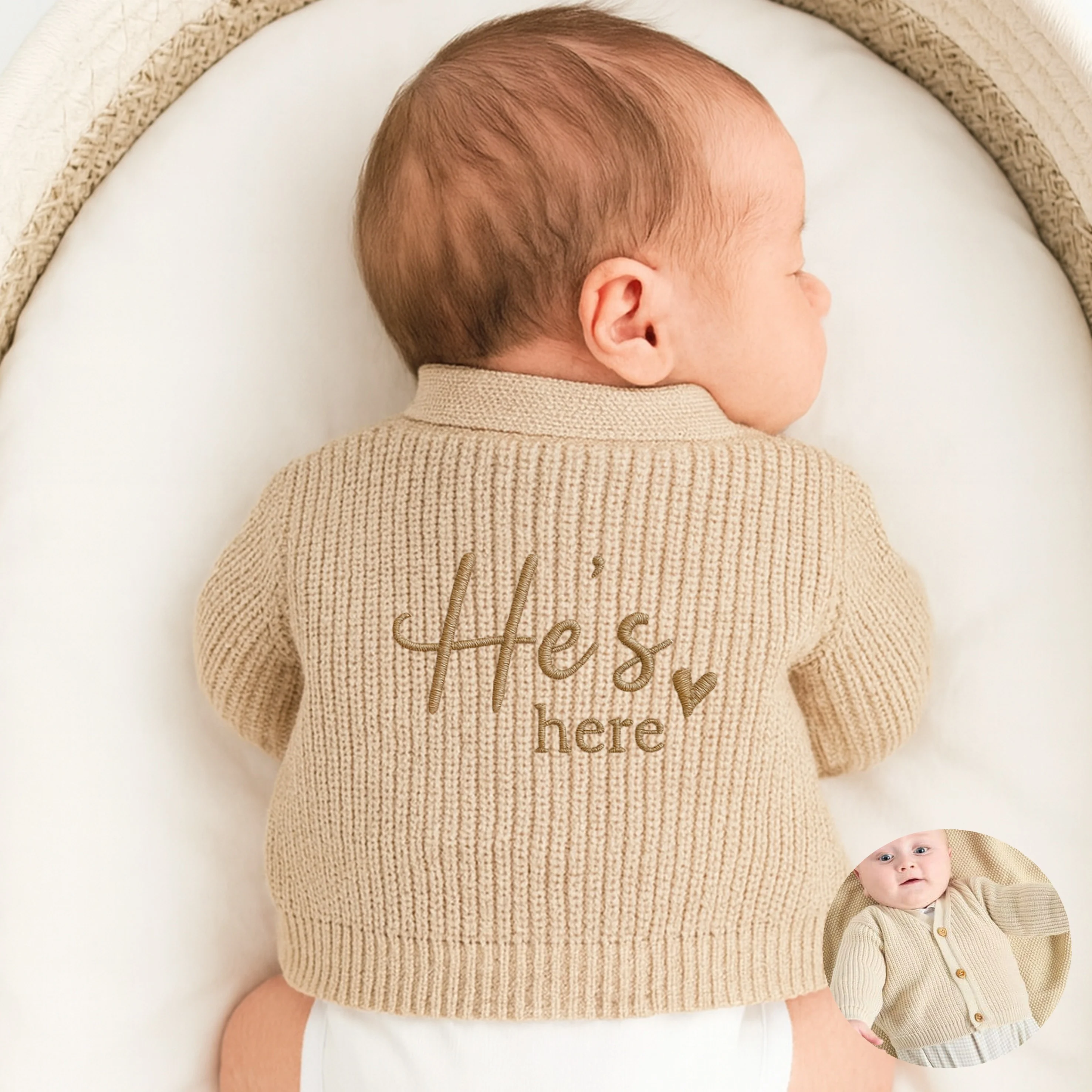 Embroidered He's Here Script Knitted Cardigan - Image 5