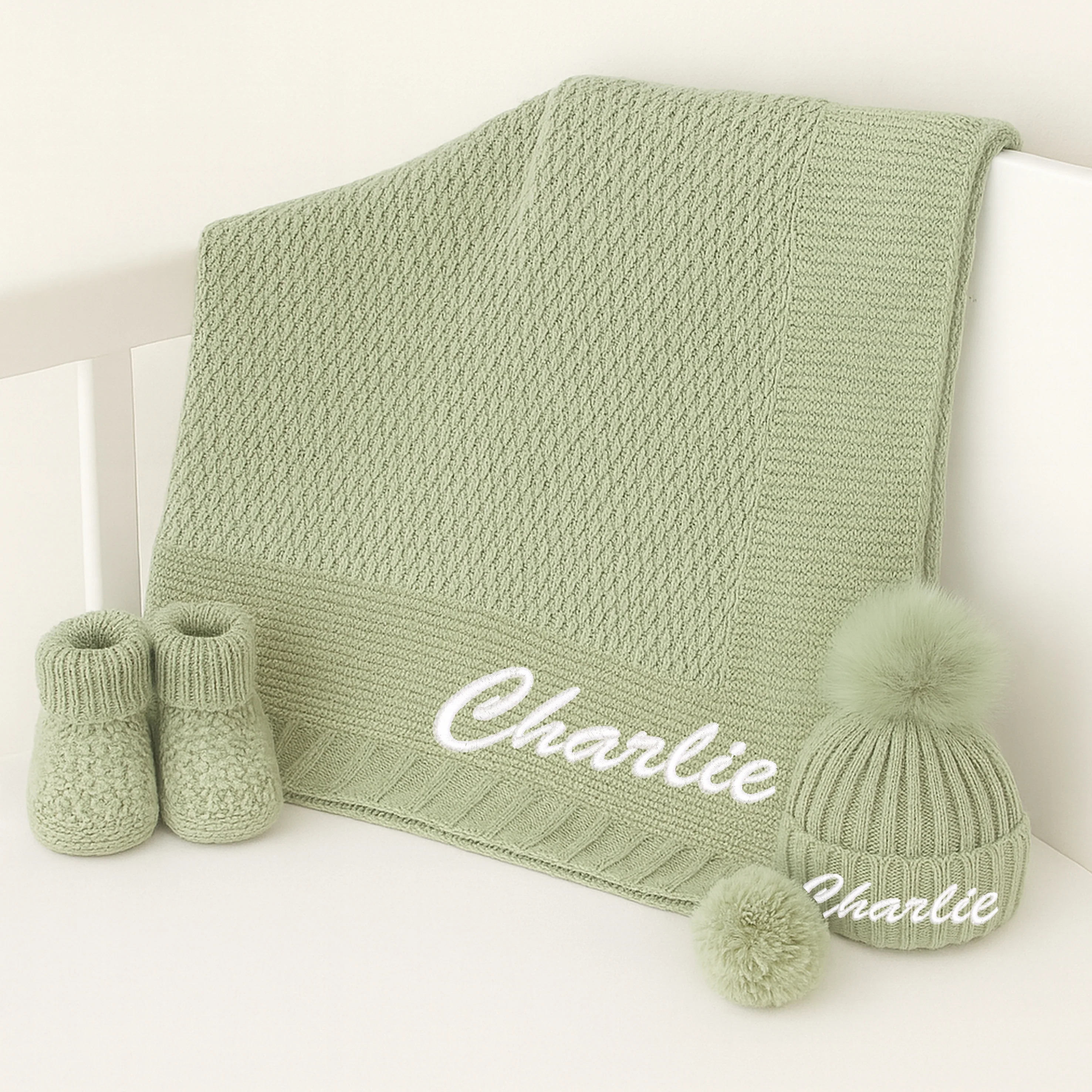 Embroidered Sage Green Blanket, Hat and Booties Gift Set - Image 2