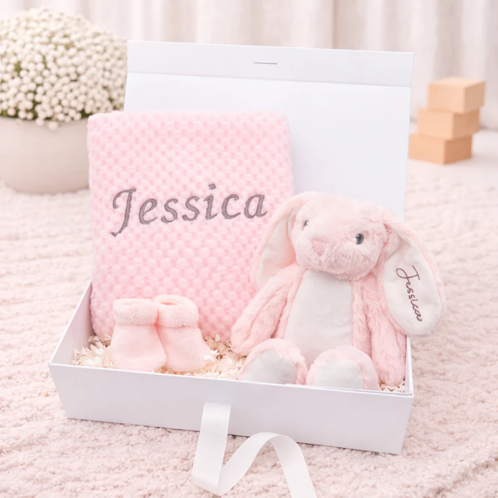 Girls Pink Blanket and Teddy Personalised Gift Hamper Set