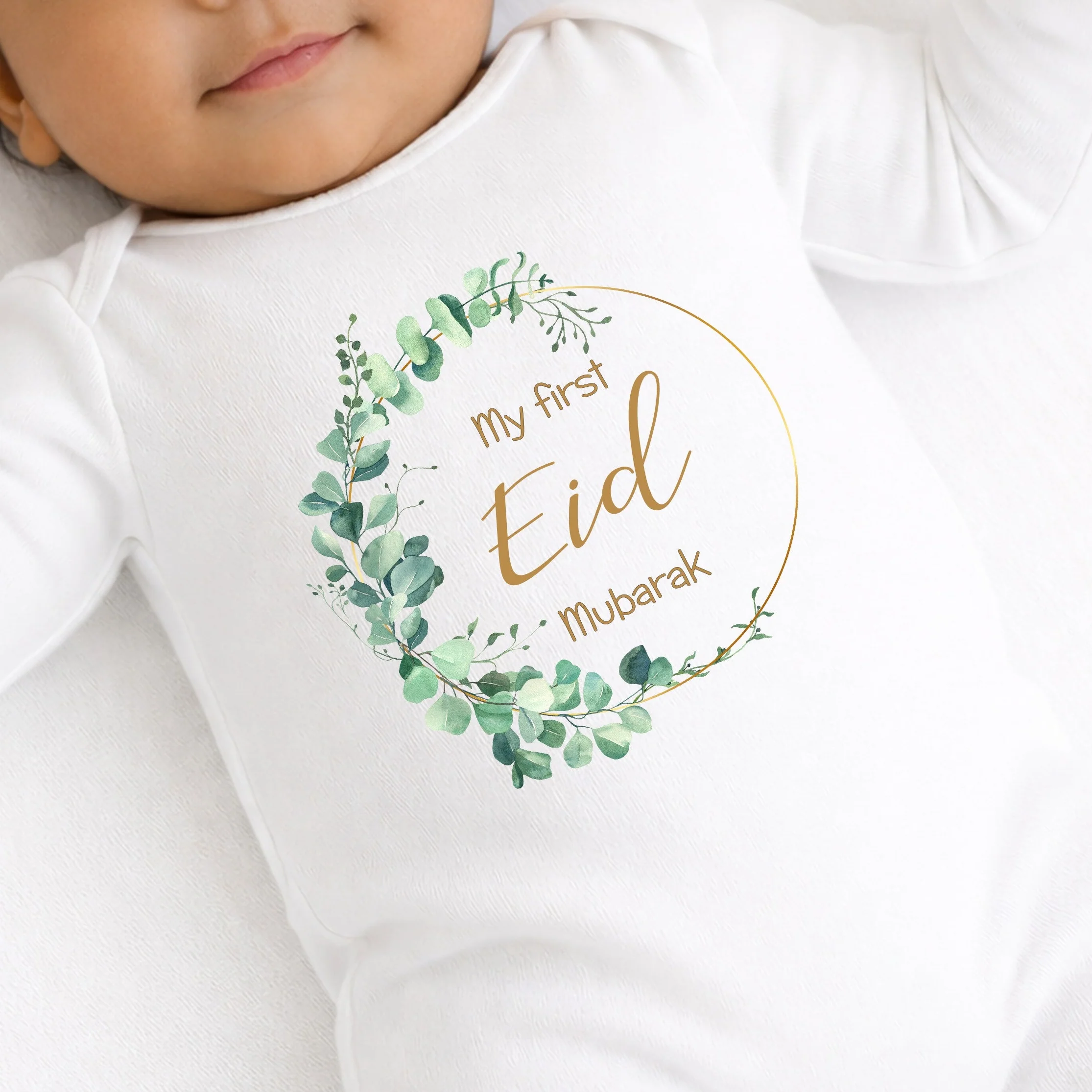 Green Floral Wreath My First Eid Mubarak Baby Grow or Vest - Image 2
