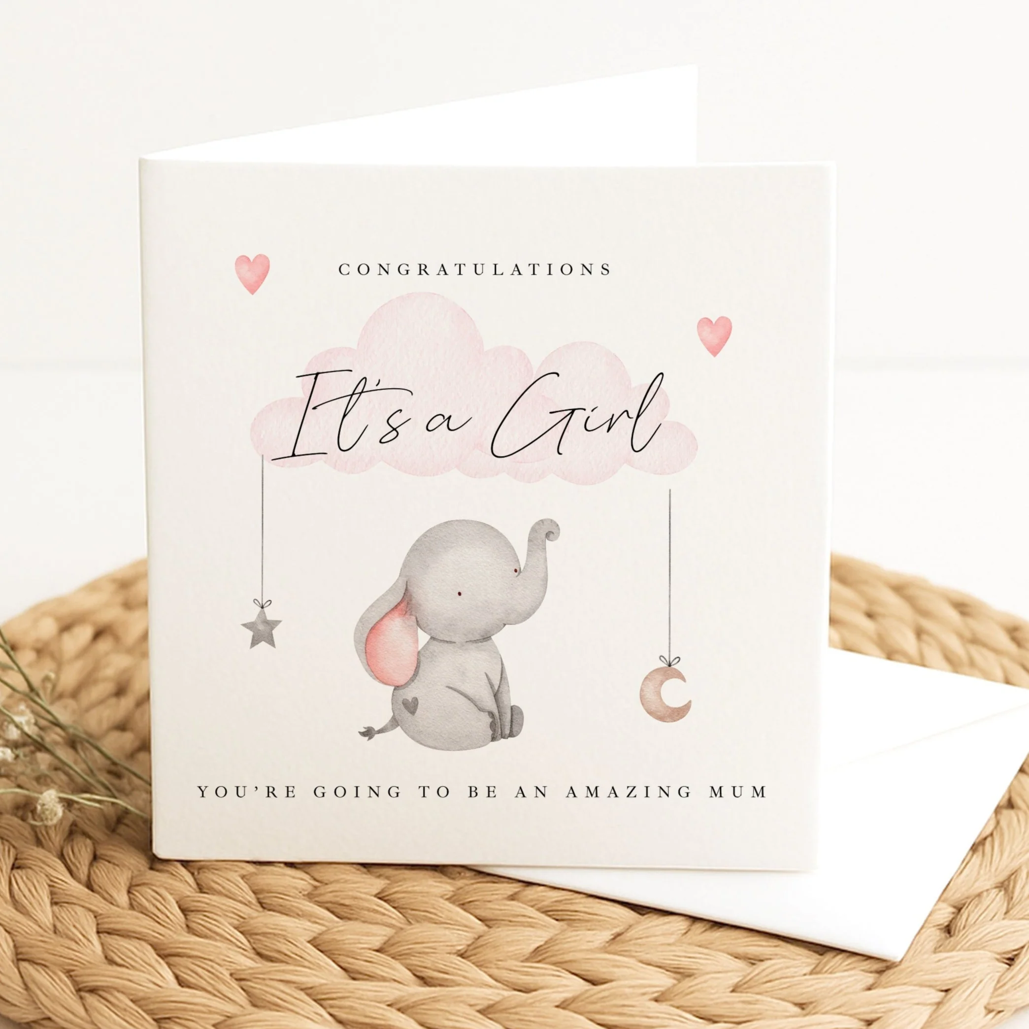 Grey Elephant, It's a Girl Baby Shower Card