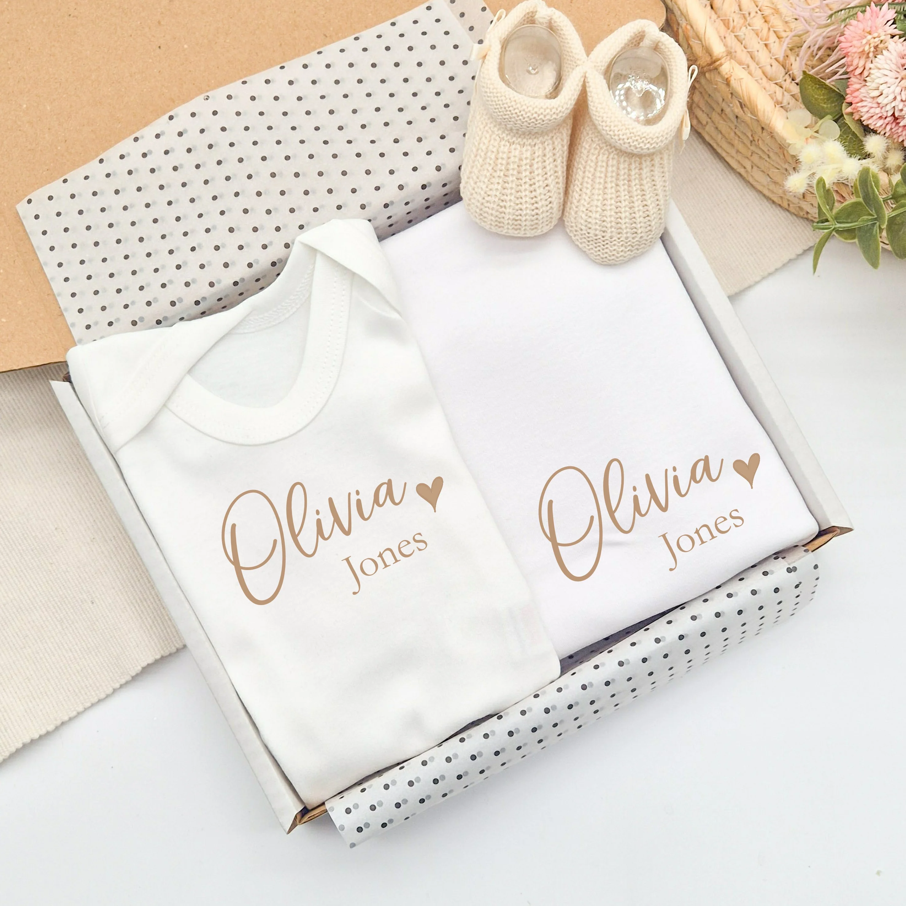 Personalied Beige Name Heart Baby Vest & Blanket Gift Set