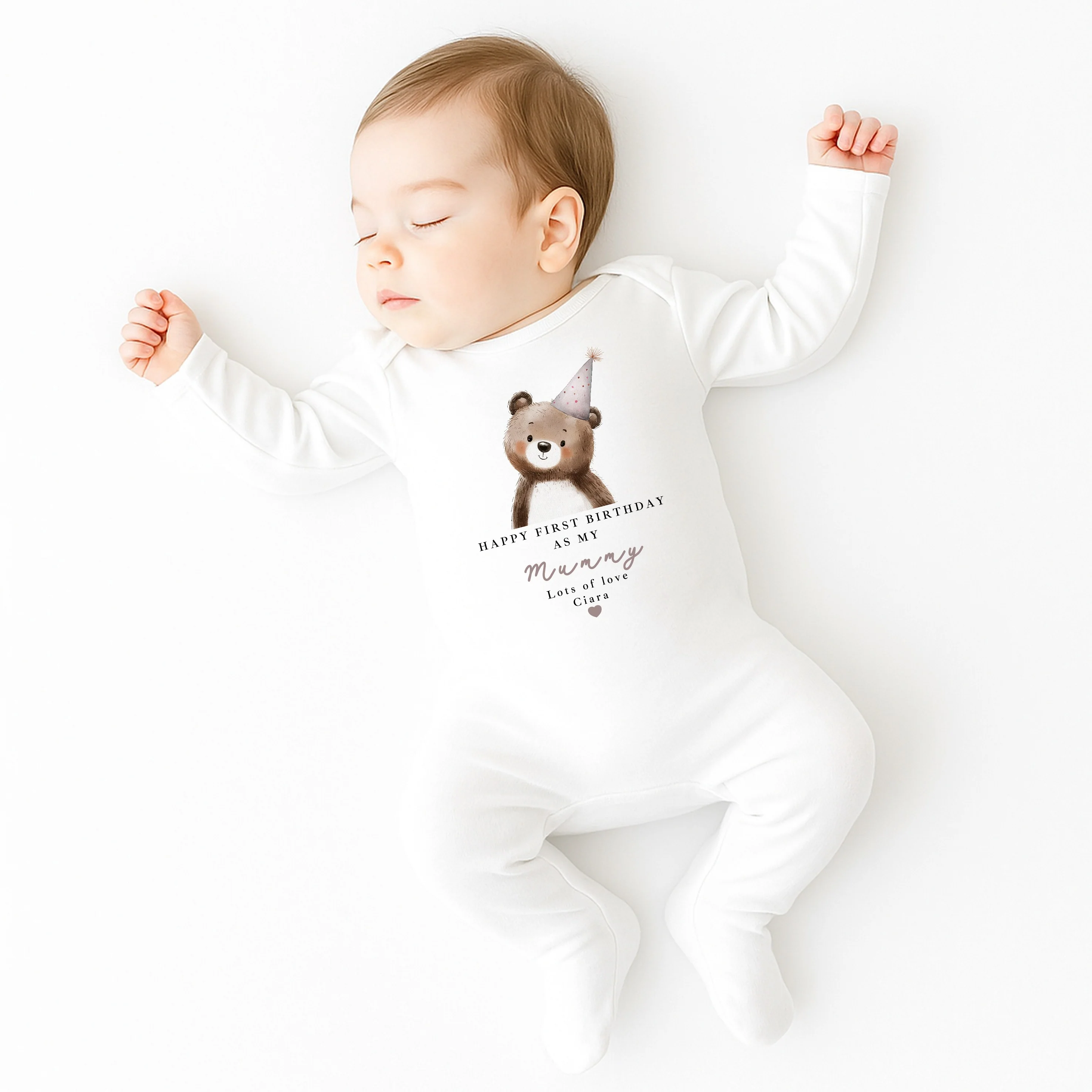 Personalised Bear Happy First Birthday As My Mummy Baby Grow or Vest - Image 3