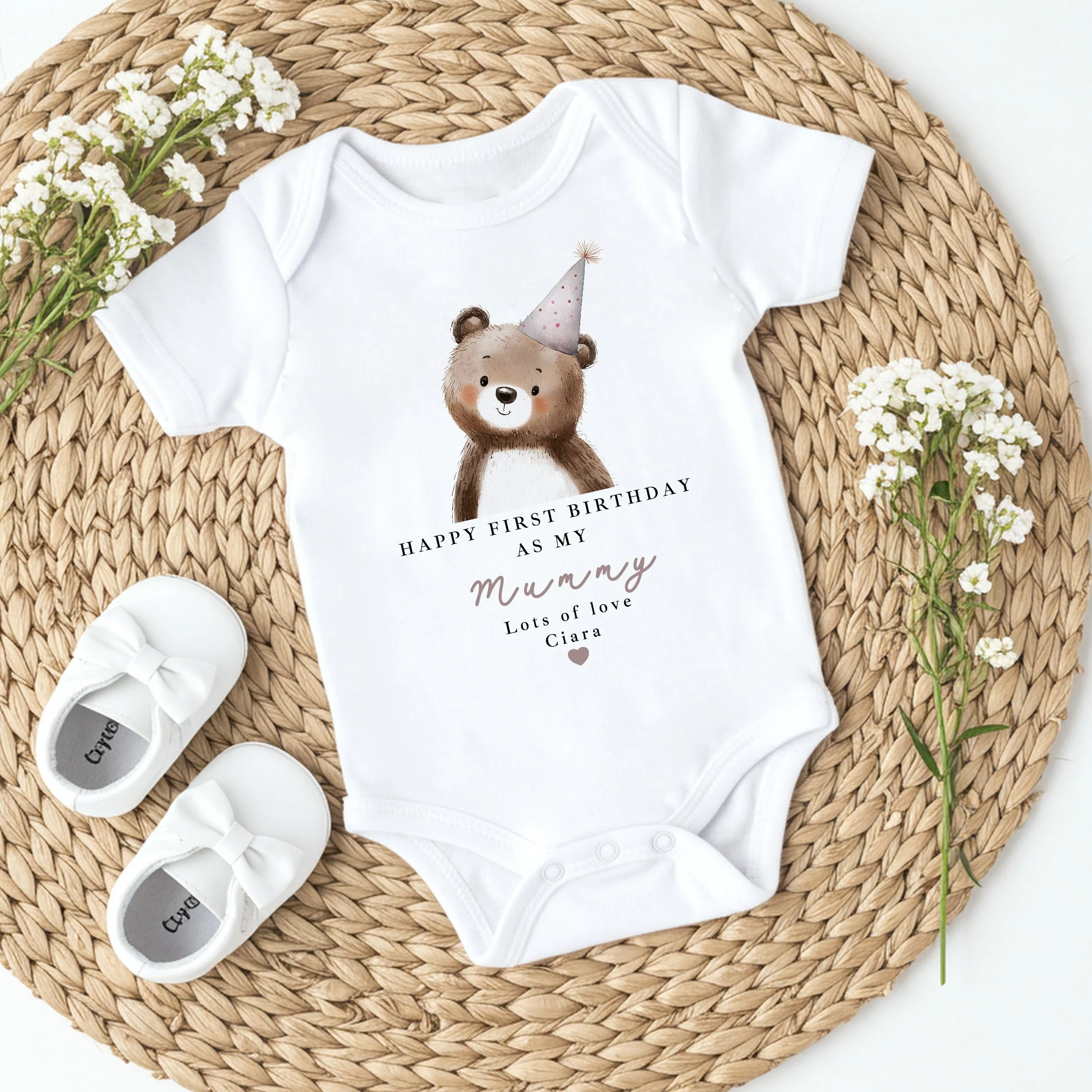 Personalised Bear Happy First Birthday As My Mummy Baby Grow or Vest - Image 4