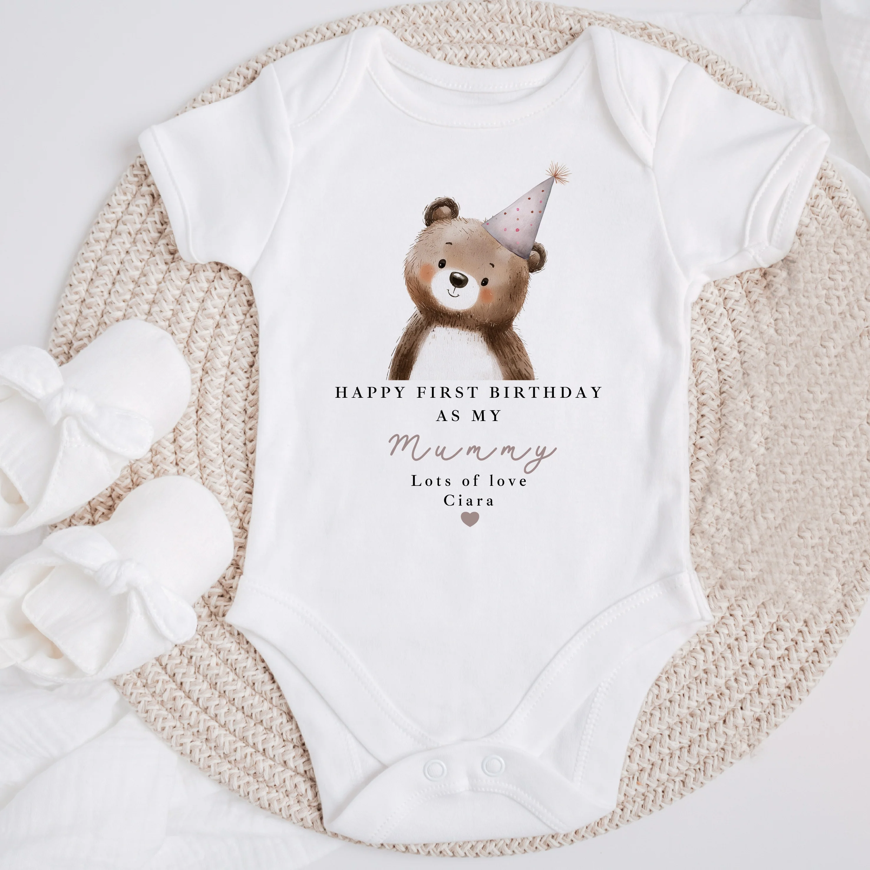Personalised Bear Happy First Birthday As My Mummy Baby Grow or Vest - Image 5