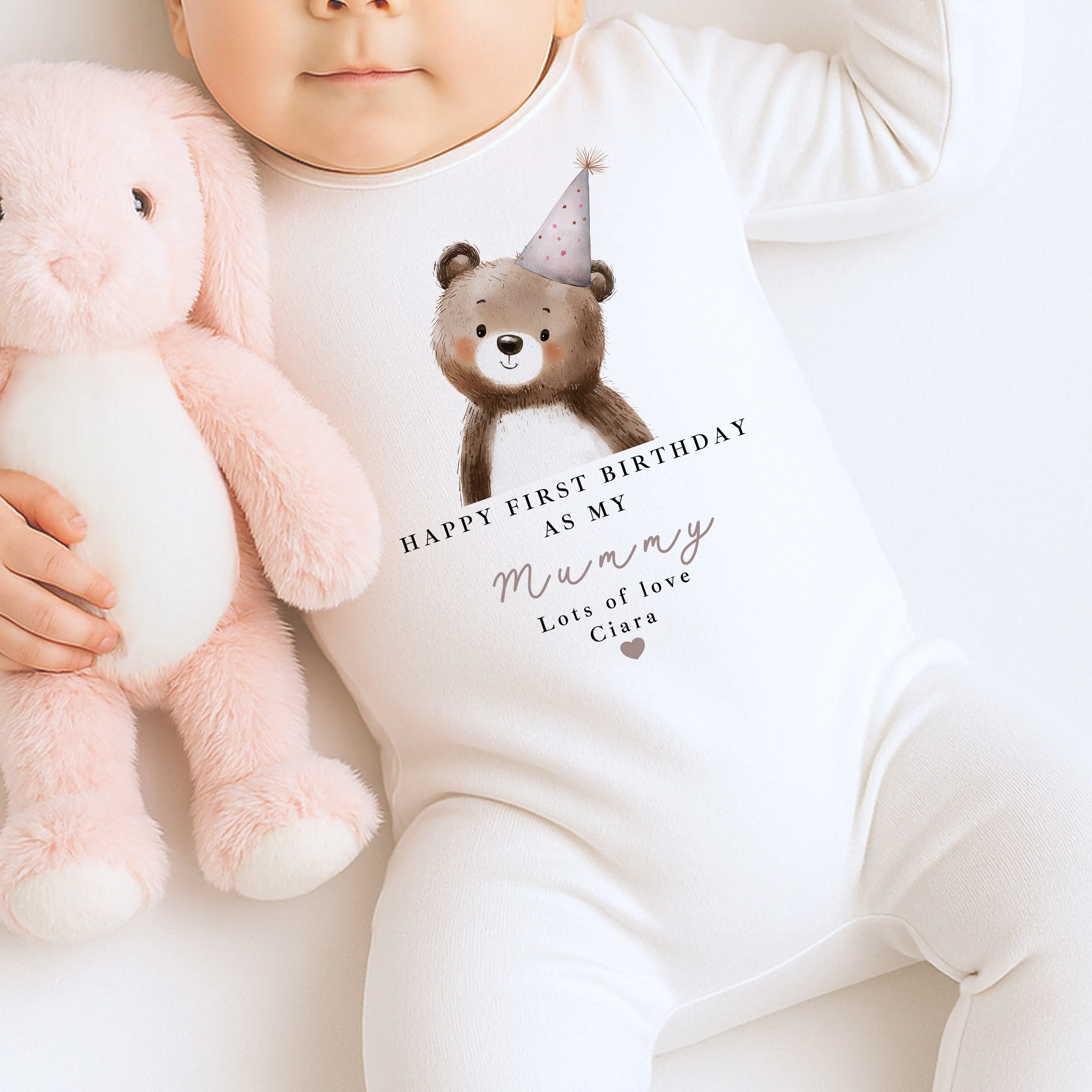 Personalised Bear Happy First Birthday As My Mummy Baby Grow or Vest - Image 6