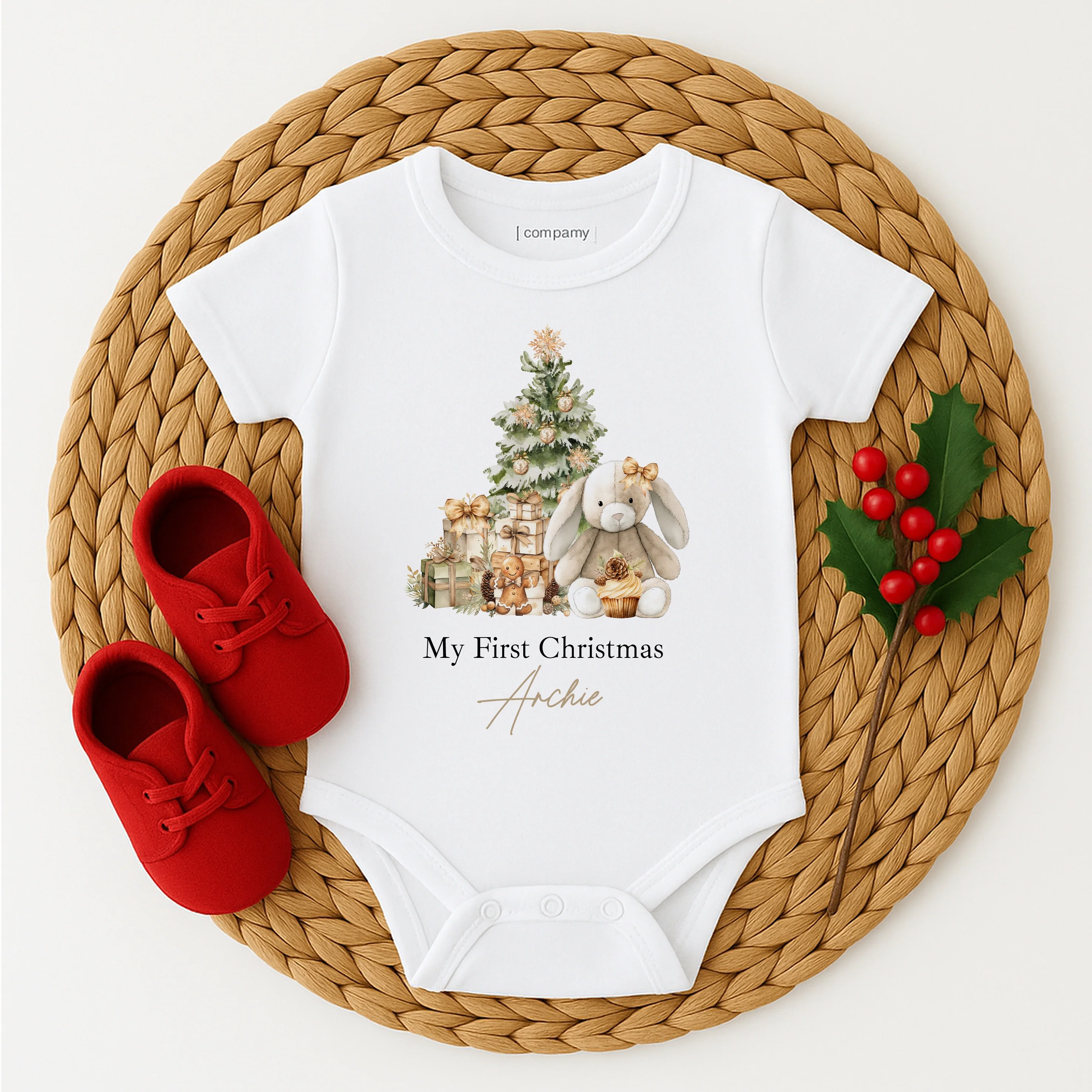 Personalised Beige Bunny First Christmas Baby Grow/Vest/Bib - Image 3
