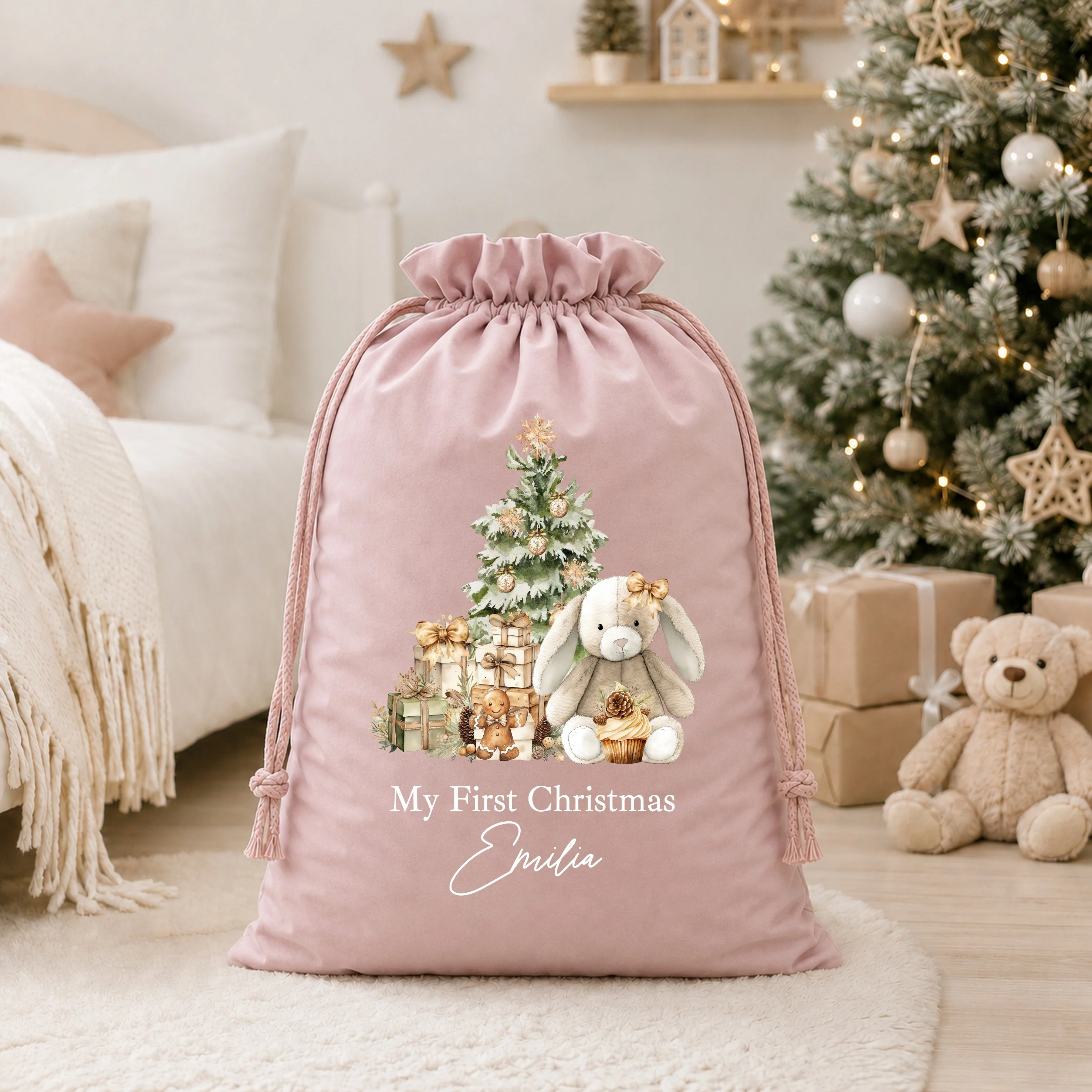 Personalised Beige Bunny My First Christmas Santa Sack or Stocking - Image 10