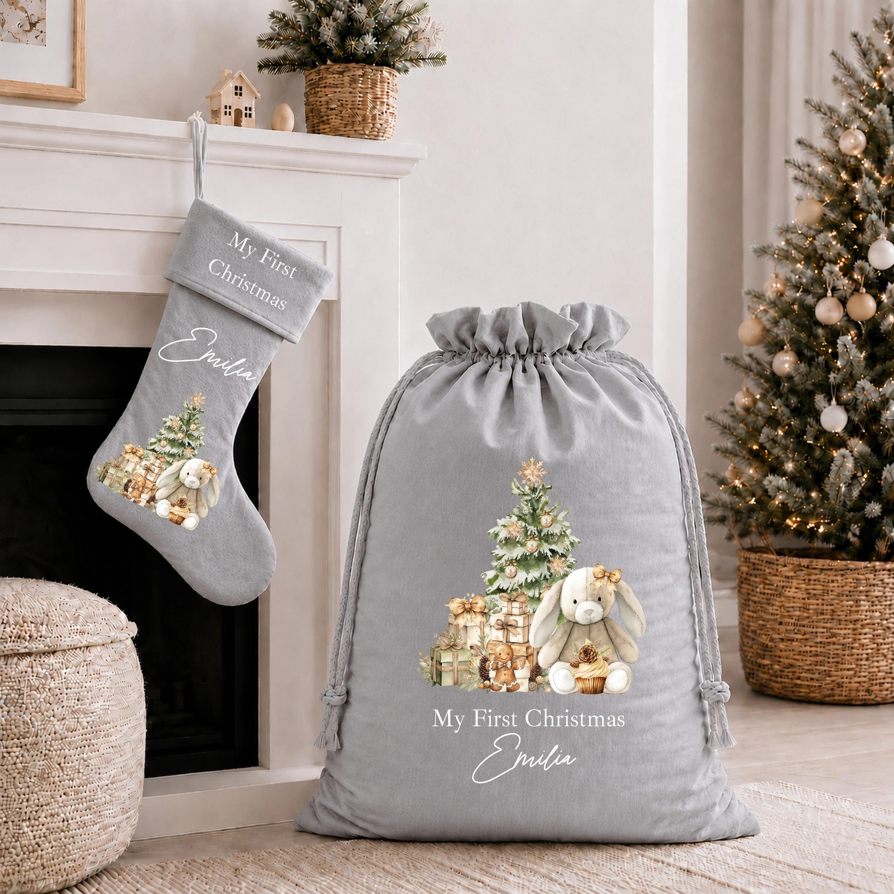 Personalised Beige Bunny My First Christmas Santa Sack or Stocking - Image 3