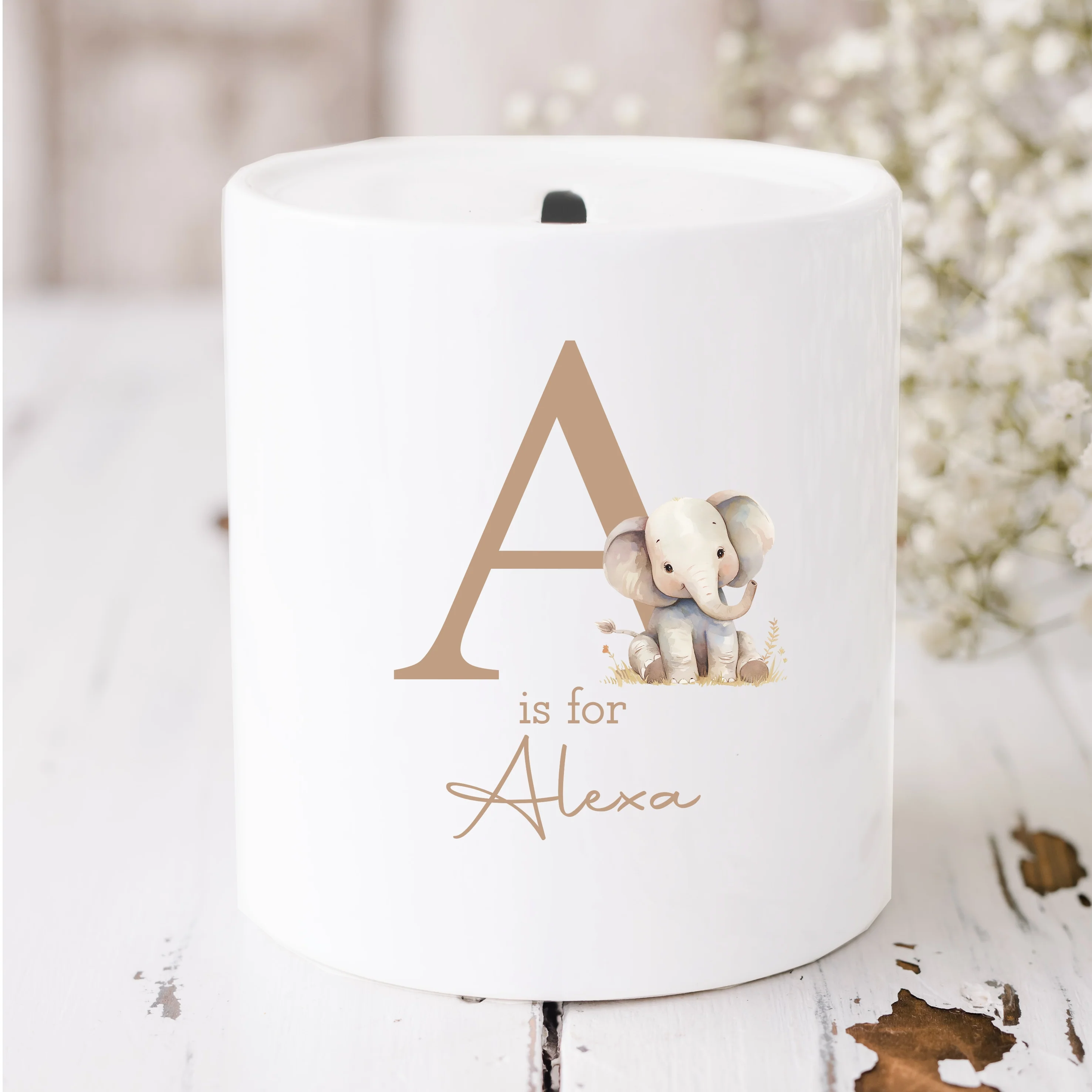 Personalised Beige Elephant Initial Ceramic Money Box