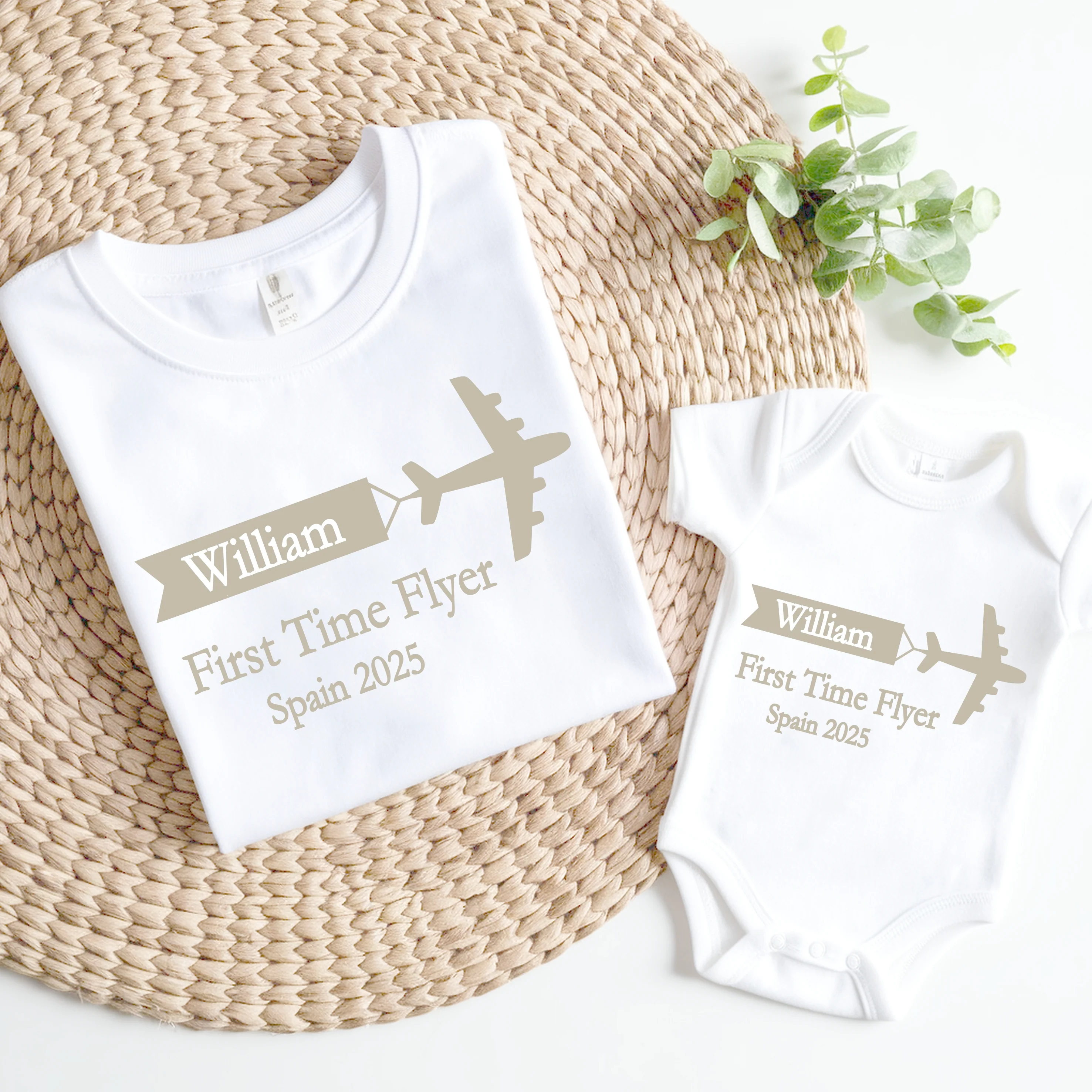 Personalised Beige First Time Flyer Baby Vest/T-shirt