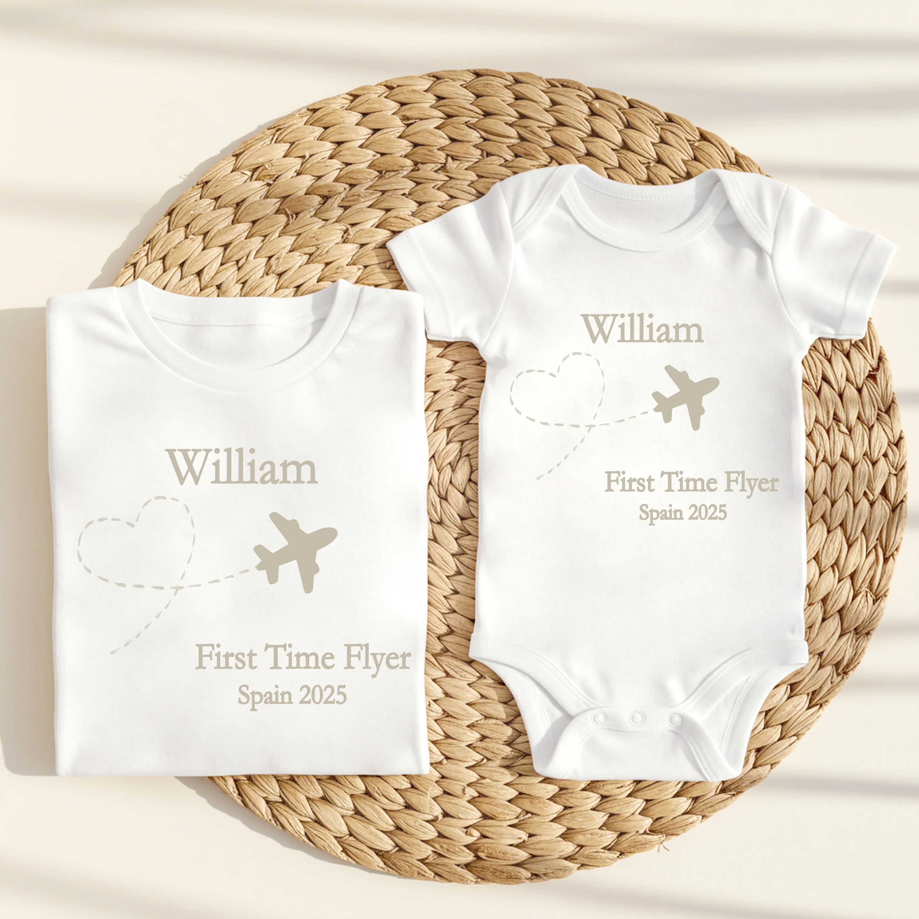 Personalised Beige Heart First Time Flyer Baby Vest/T-shirt