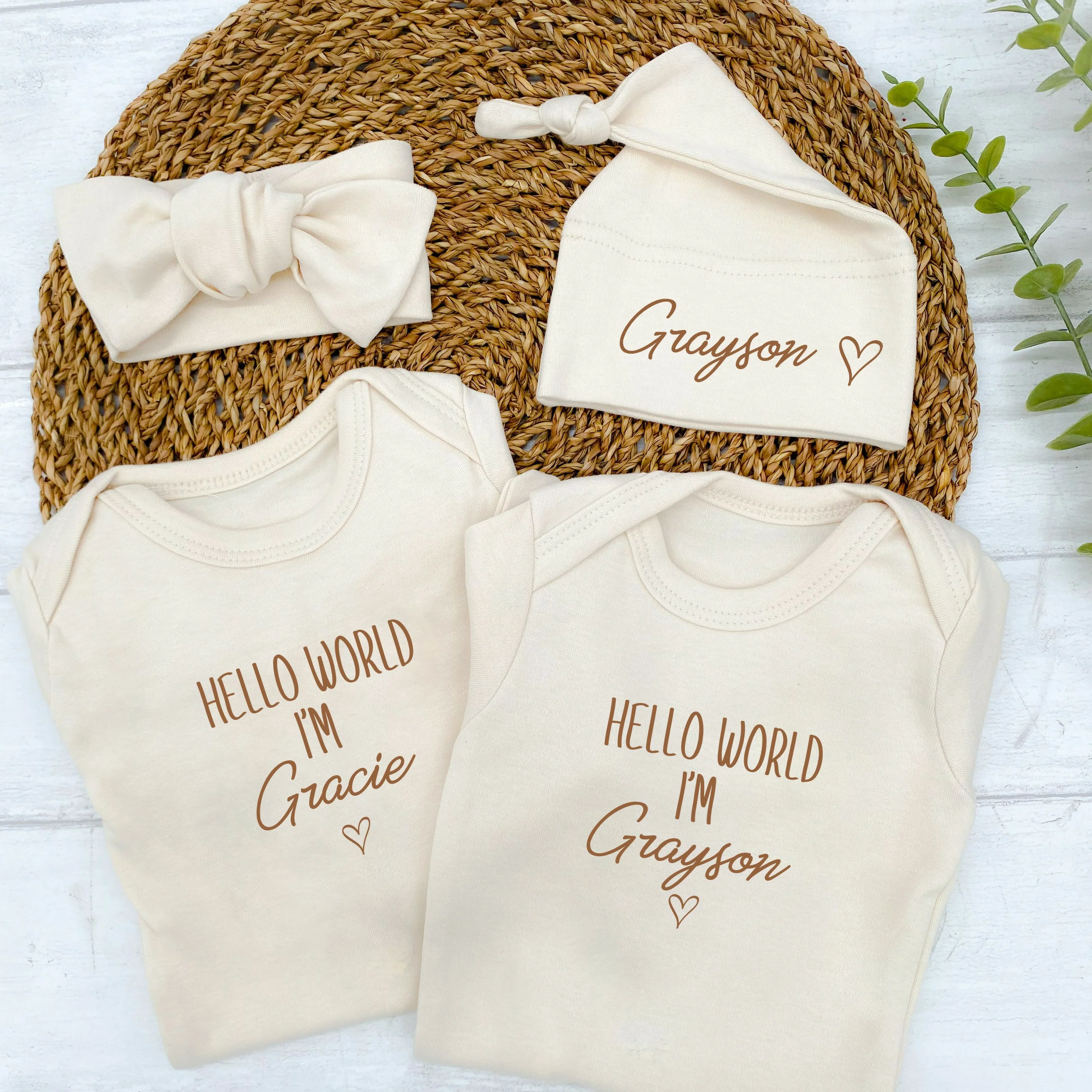 Personalised Beige Hello World Babygrow With Optional Matching Accessories - Image 2
