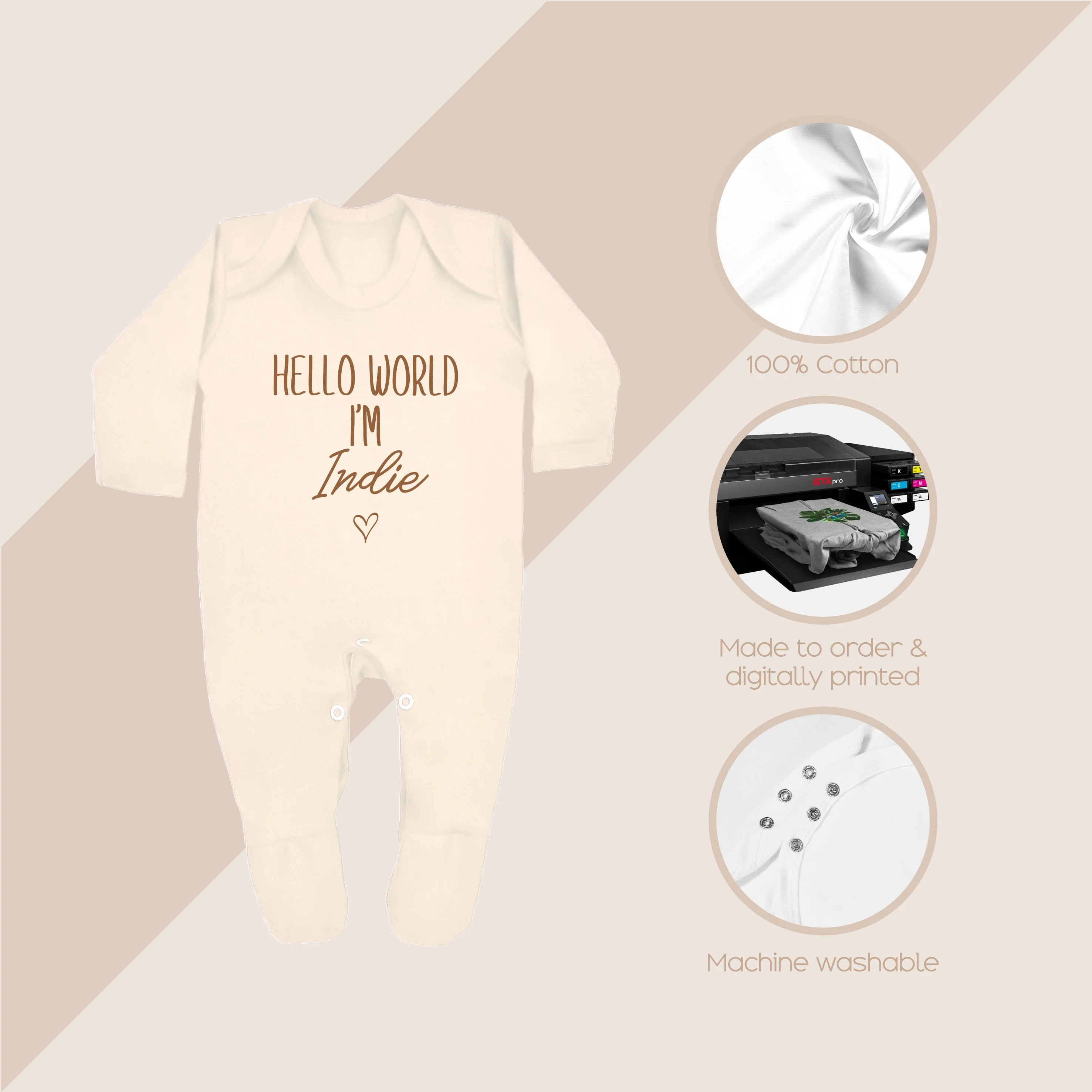 Personalised Beige Hello World Babygrow With Optional Matching Accessories - Image 4