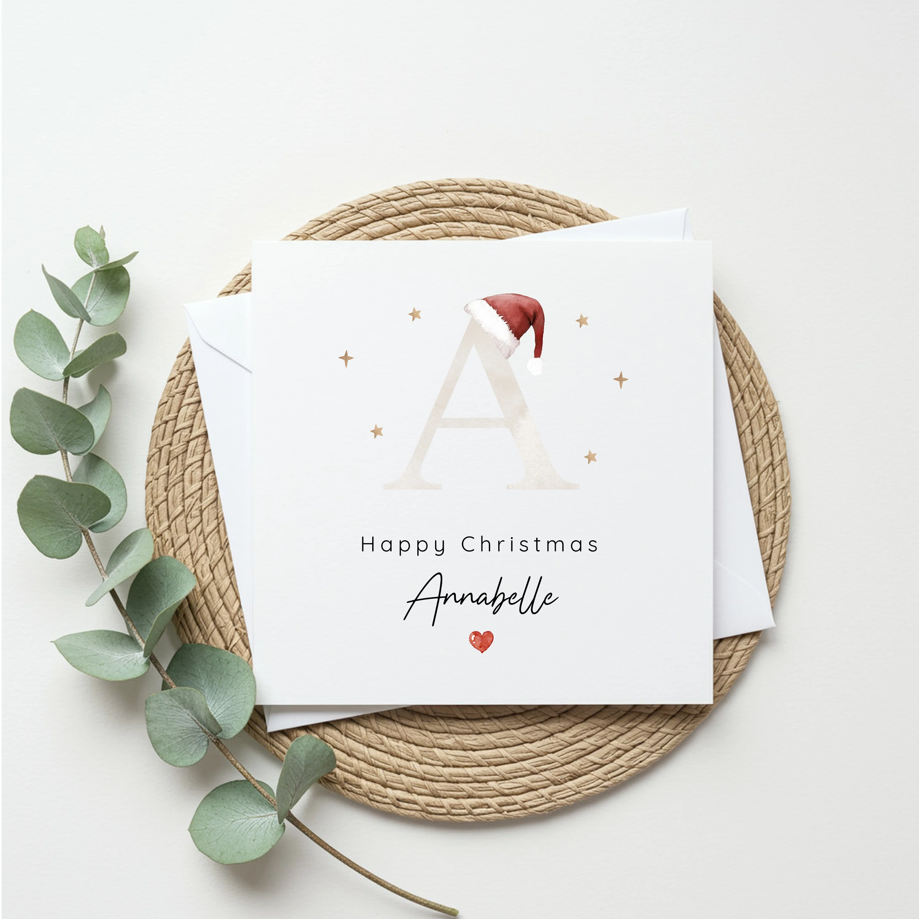 Personalised Beige Initial Santa Hat Christmas Card
