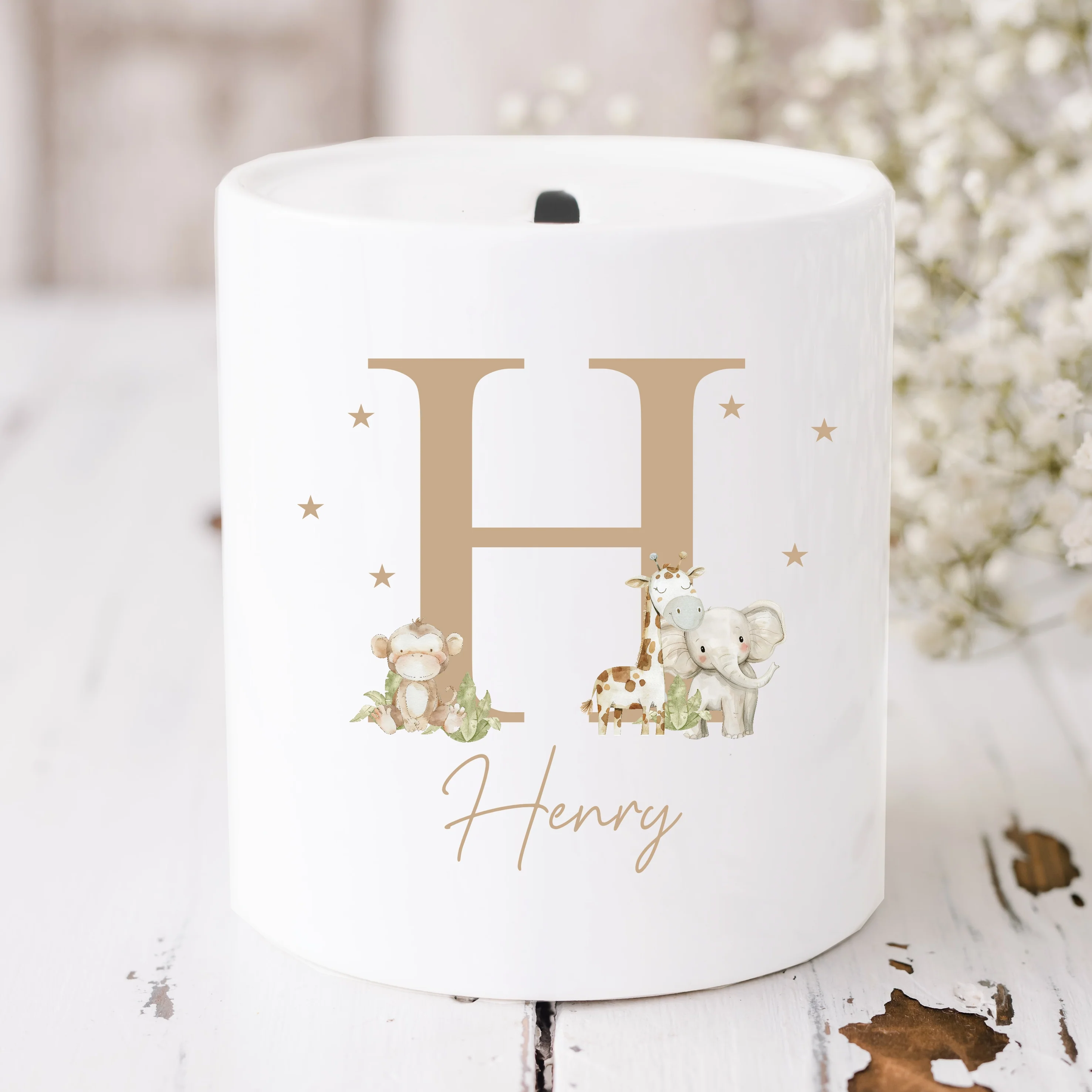Personalised Beige Jungle Initial Ceramic Money Box - Image 2