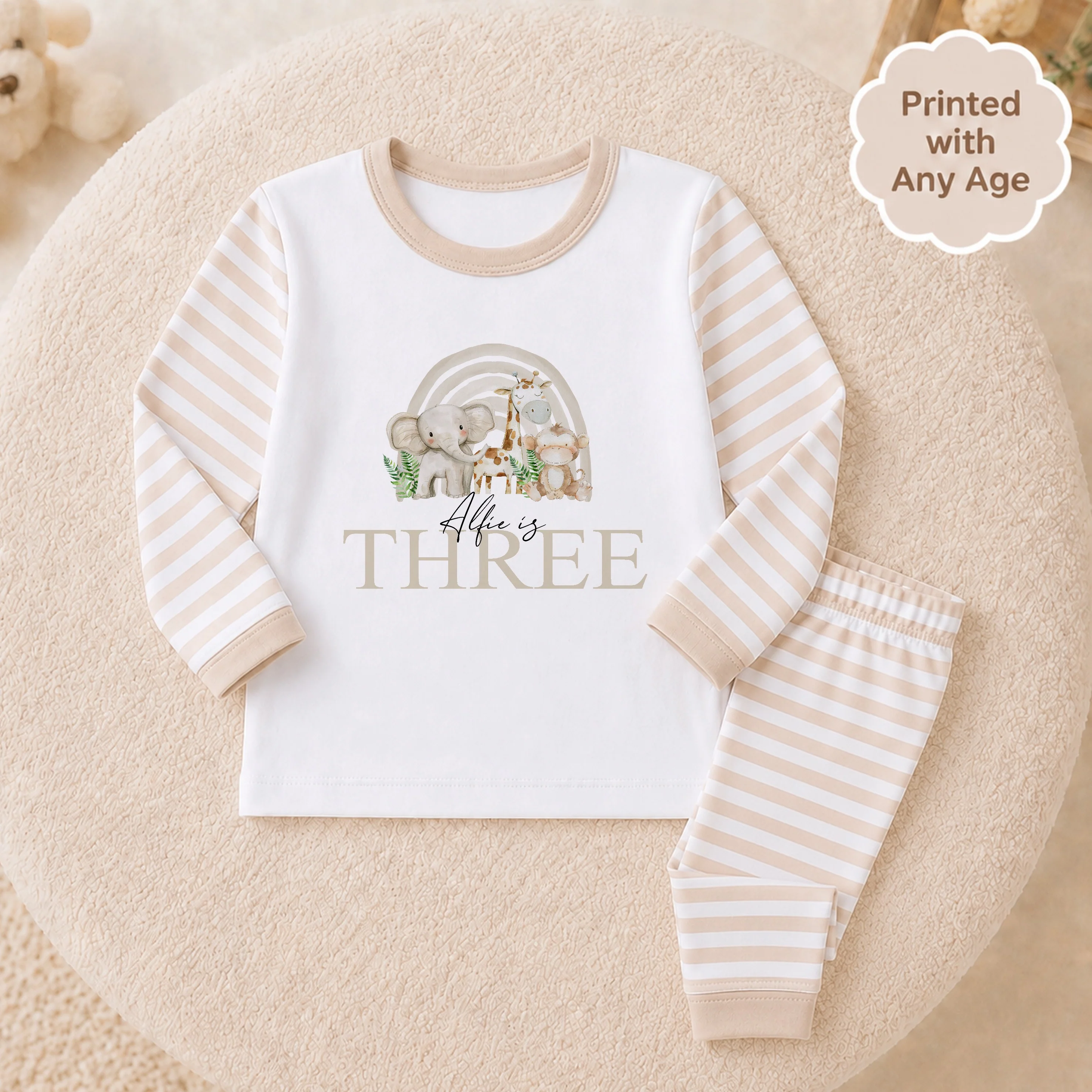 Personalised Beige Jungle Rainbow Any Age Birthday Pyjamas