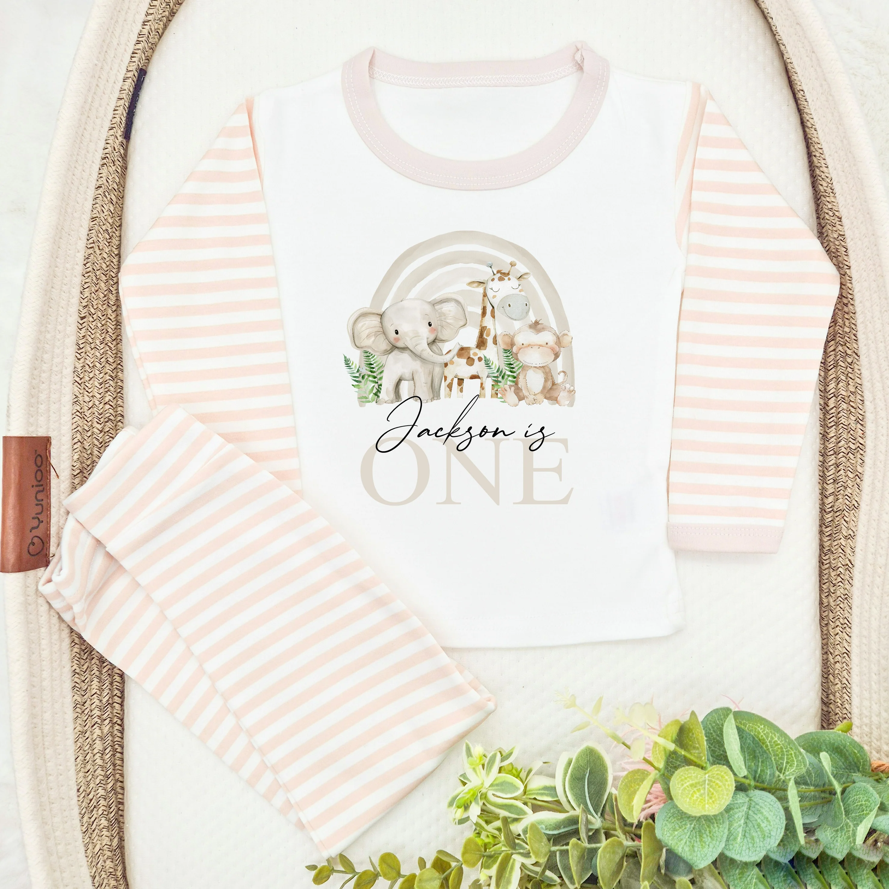 Personalised Beige Jungle Rainbow First Birthday Pyjamas - Image 3