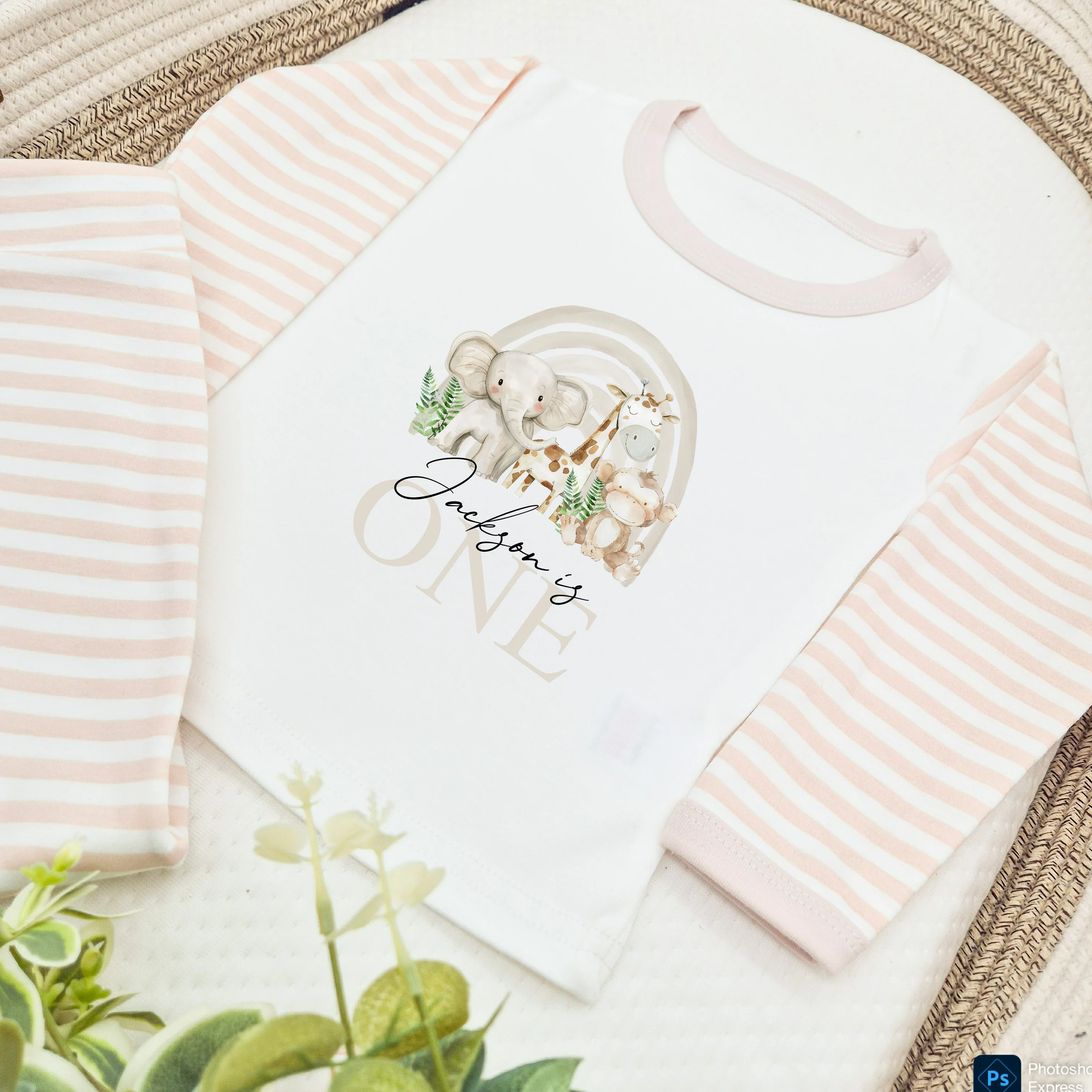 Personalised Beige Jungle Rainbow First Birthday Pyjamas - Image 4