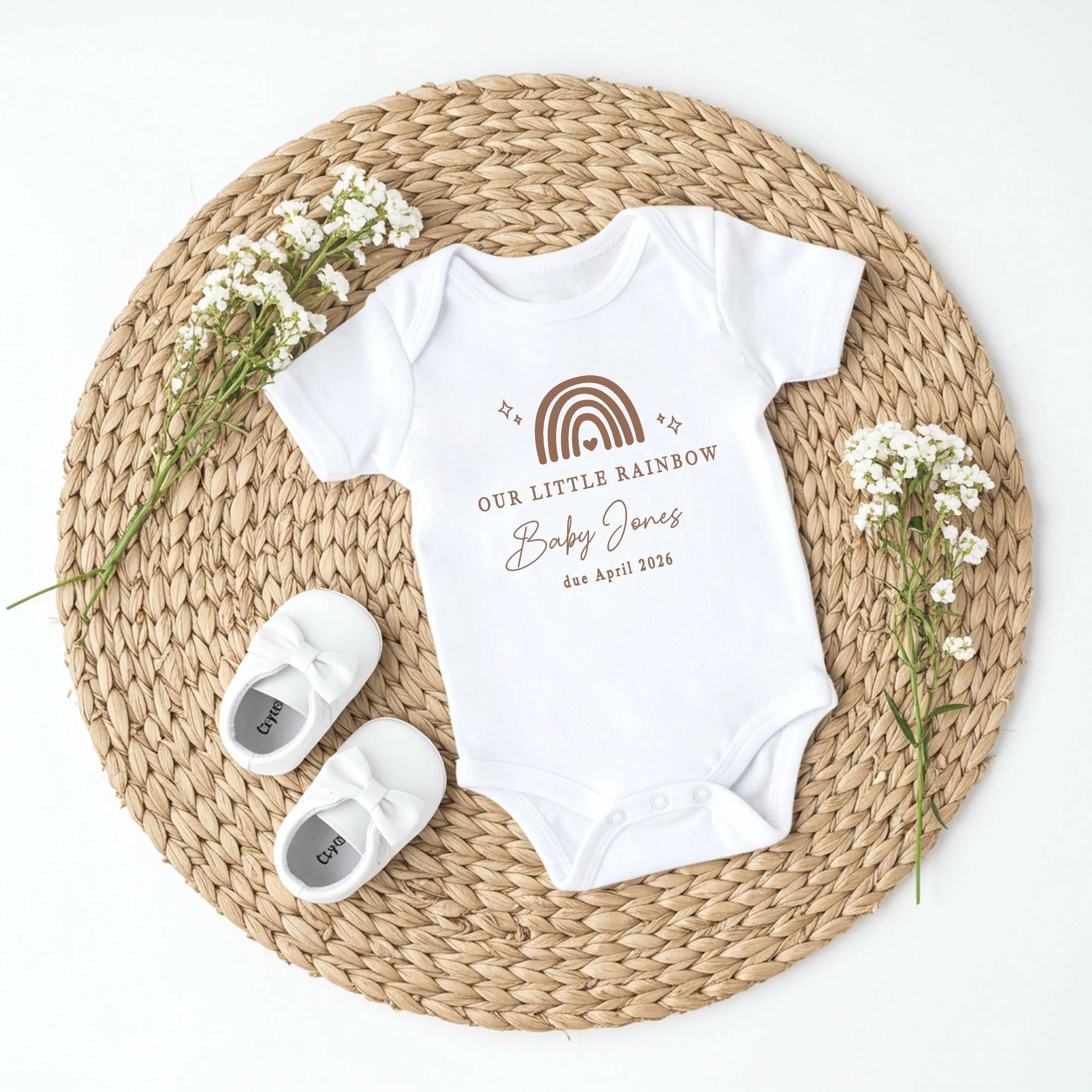 Personalised Beige Our Little Rainbow IVF Baby Announcement Vest - Image 4