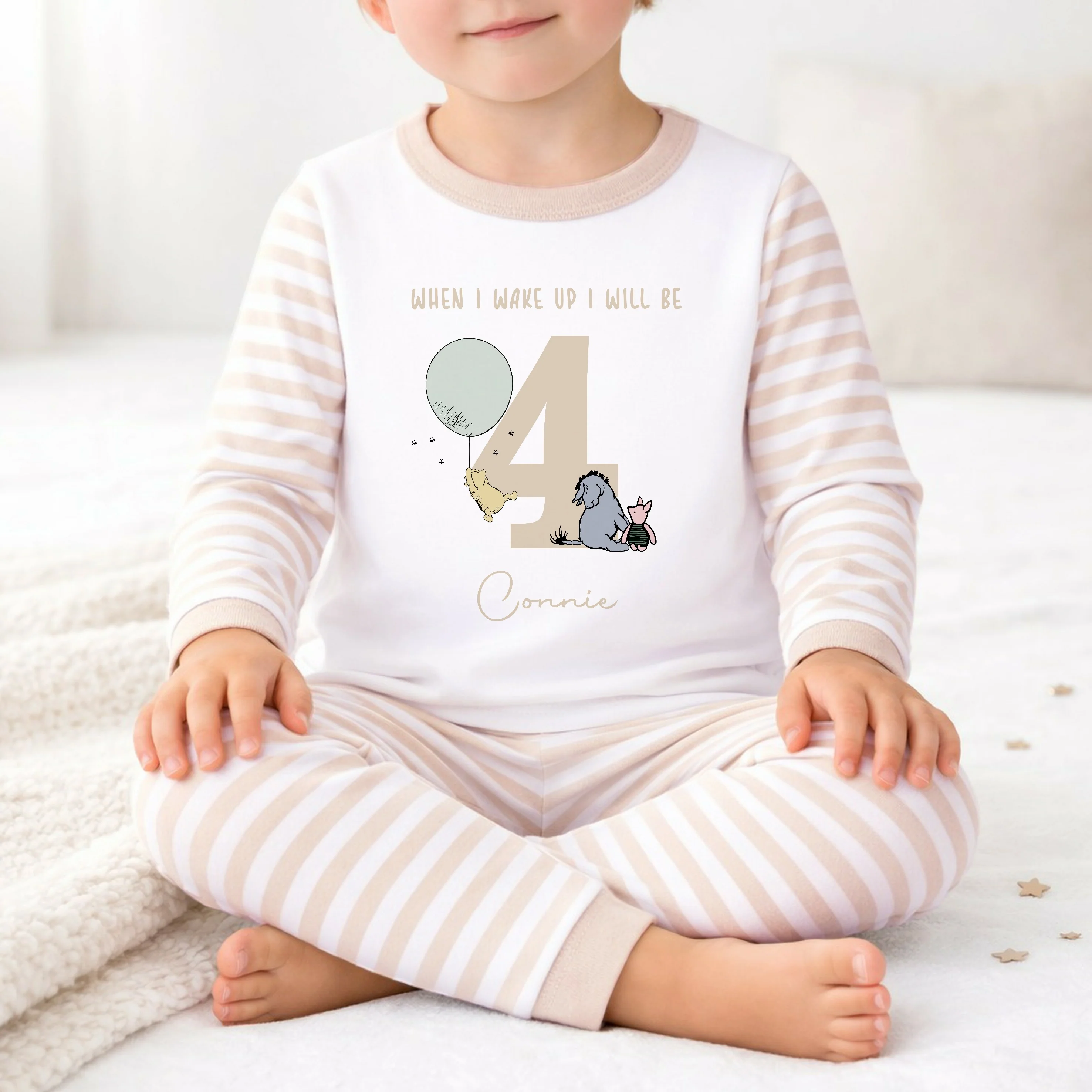 Personalised Beige Pooh Bear Any Age Birthday Pyjamas - Image 3