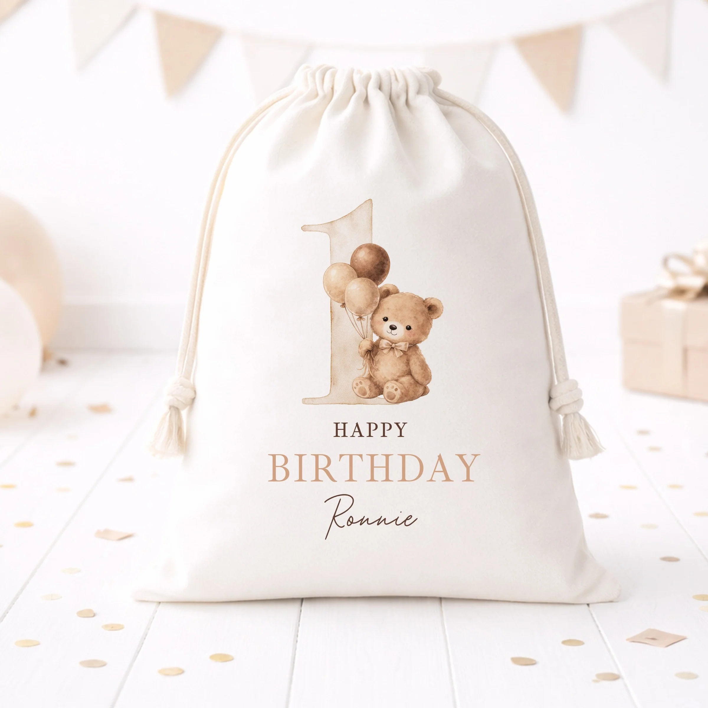 Personalised Beige Teddy Bear Birthday Gift Sack - Image 2