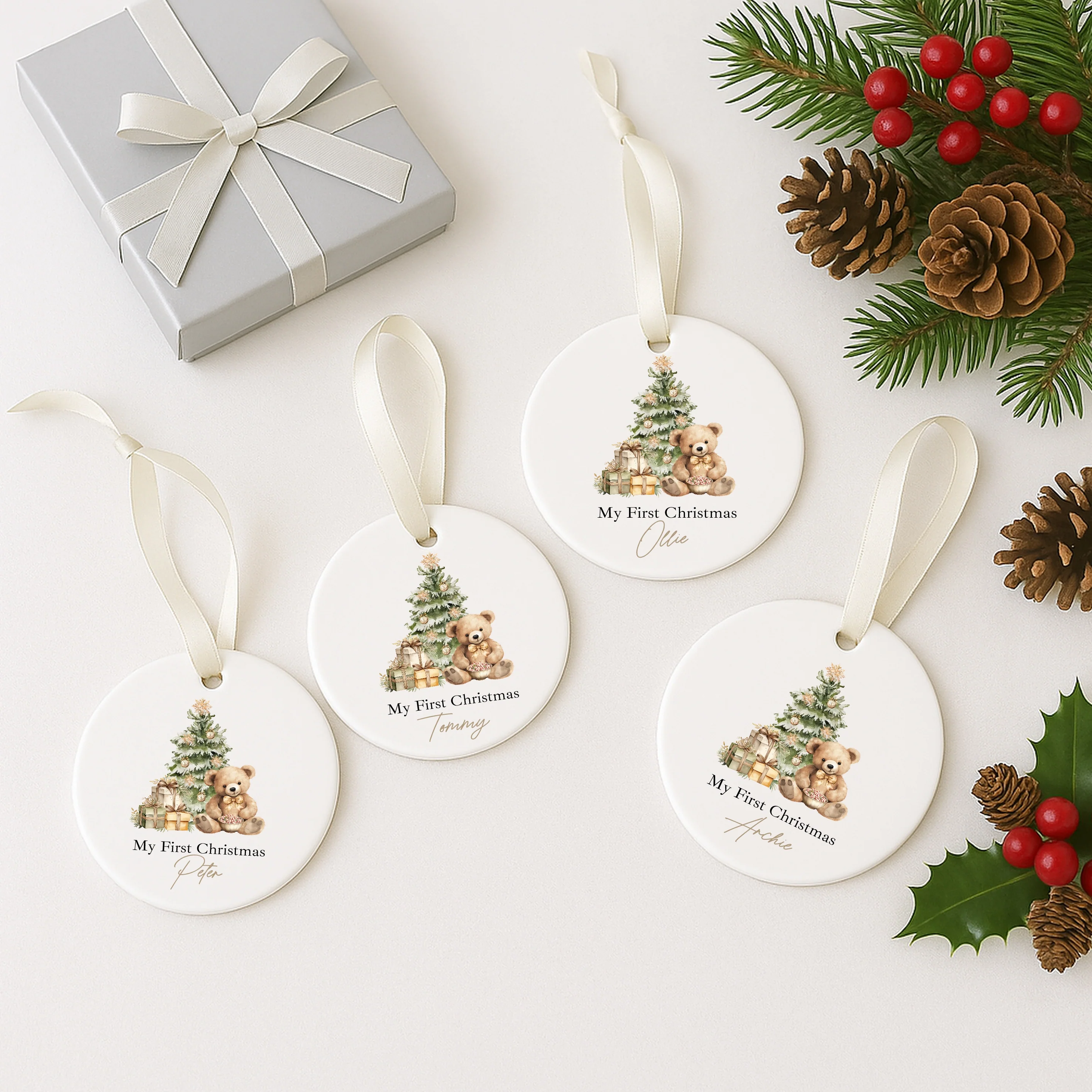 Personalised Beige Teddy Christmas Bauble - Image 2