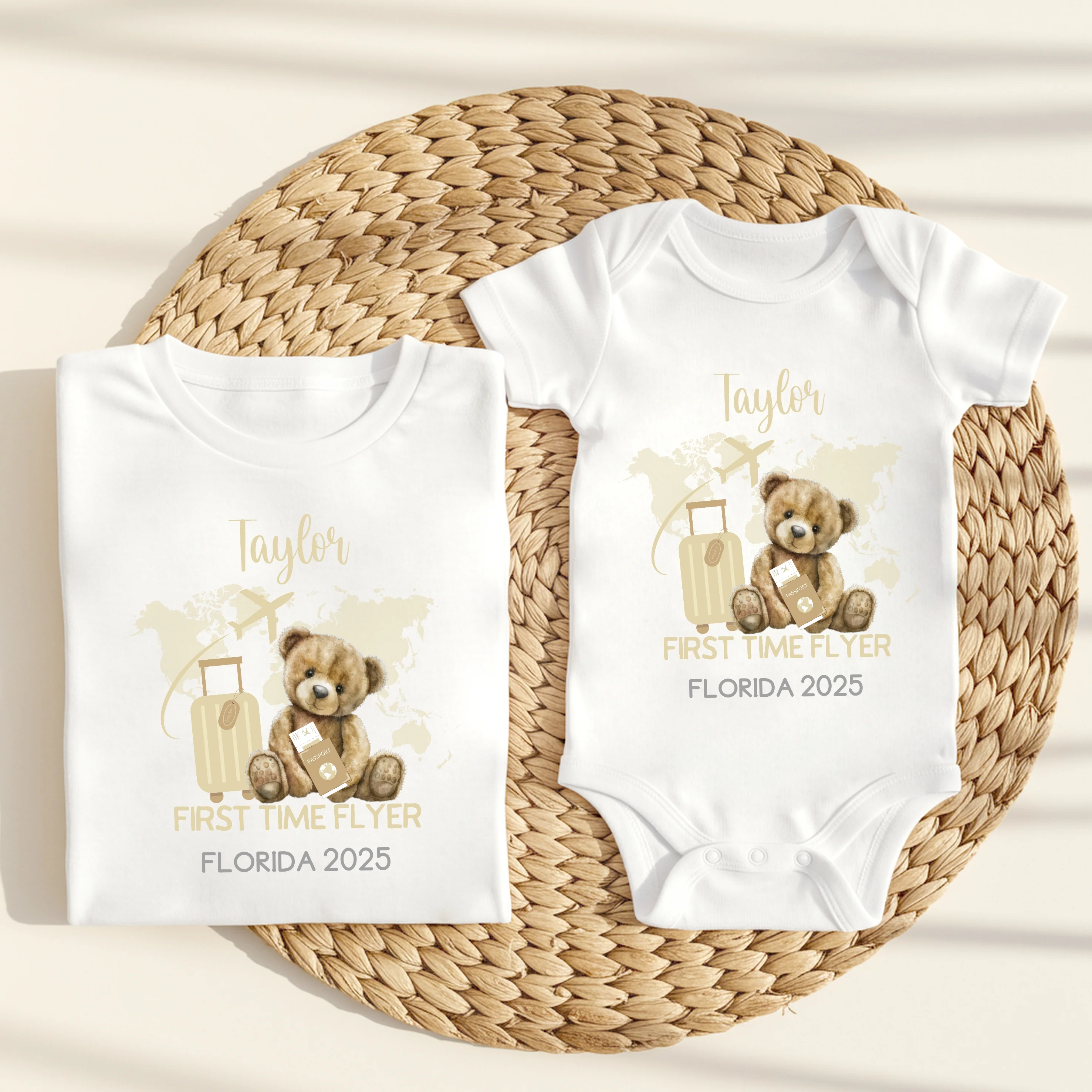 Personalised Beige Teddy First Time Flyer Baby Vest/T-shirt