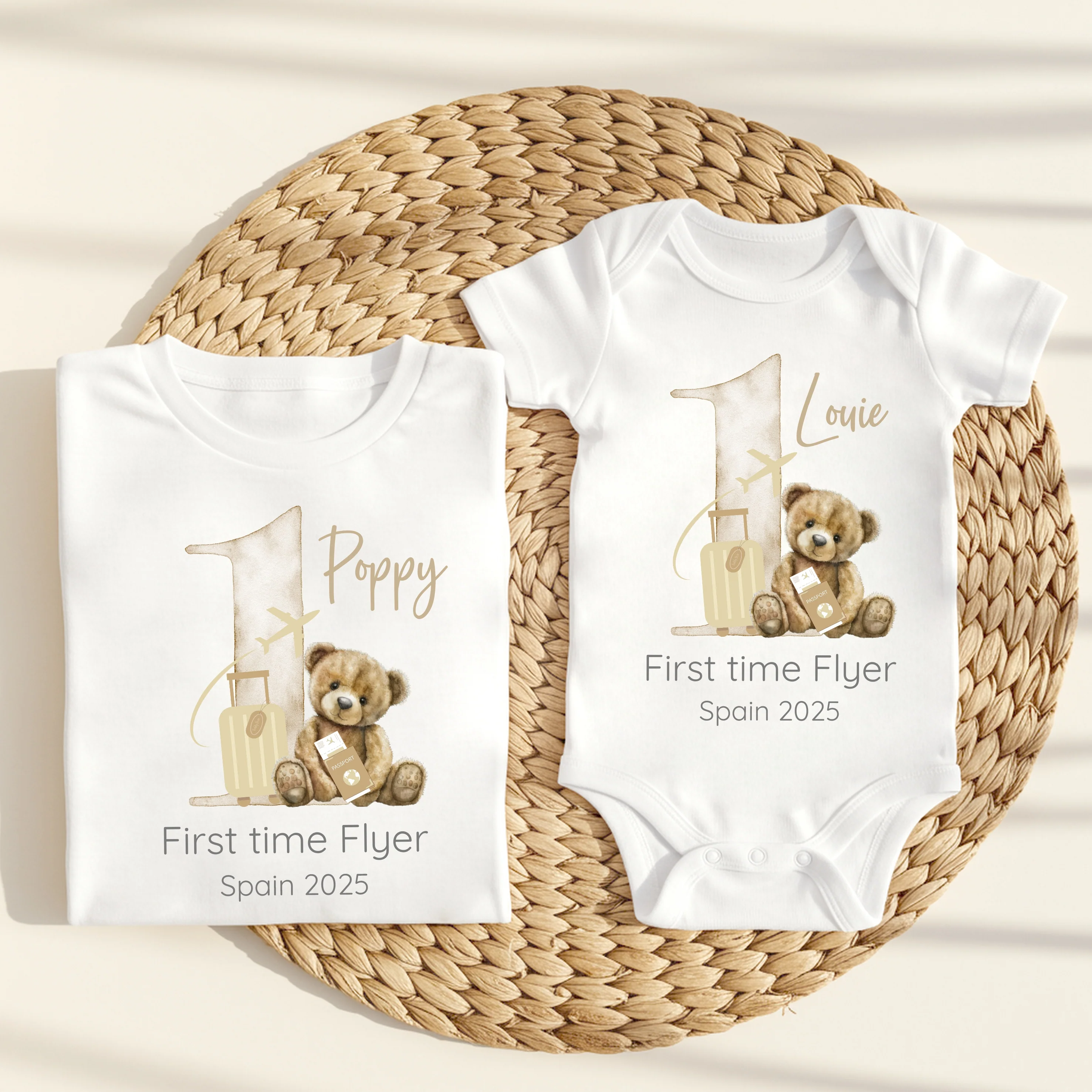 Personalised Beige Teddy Suitcase 1st Time Flyer Baby Vest/T-shirt