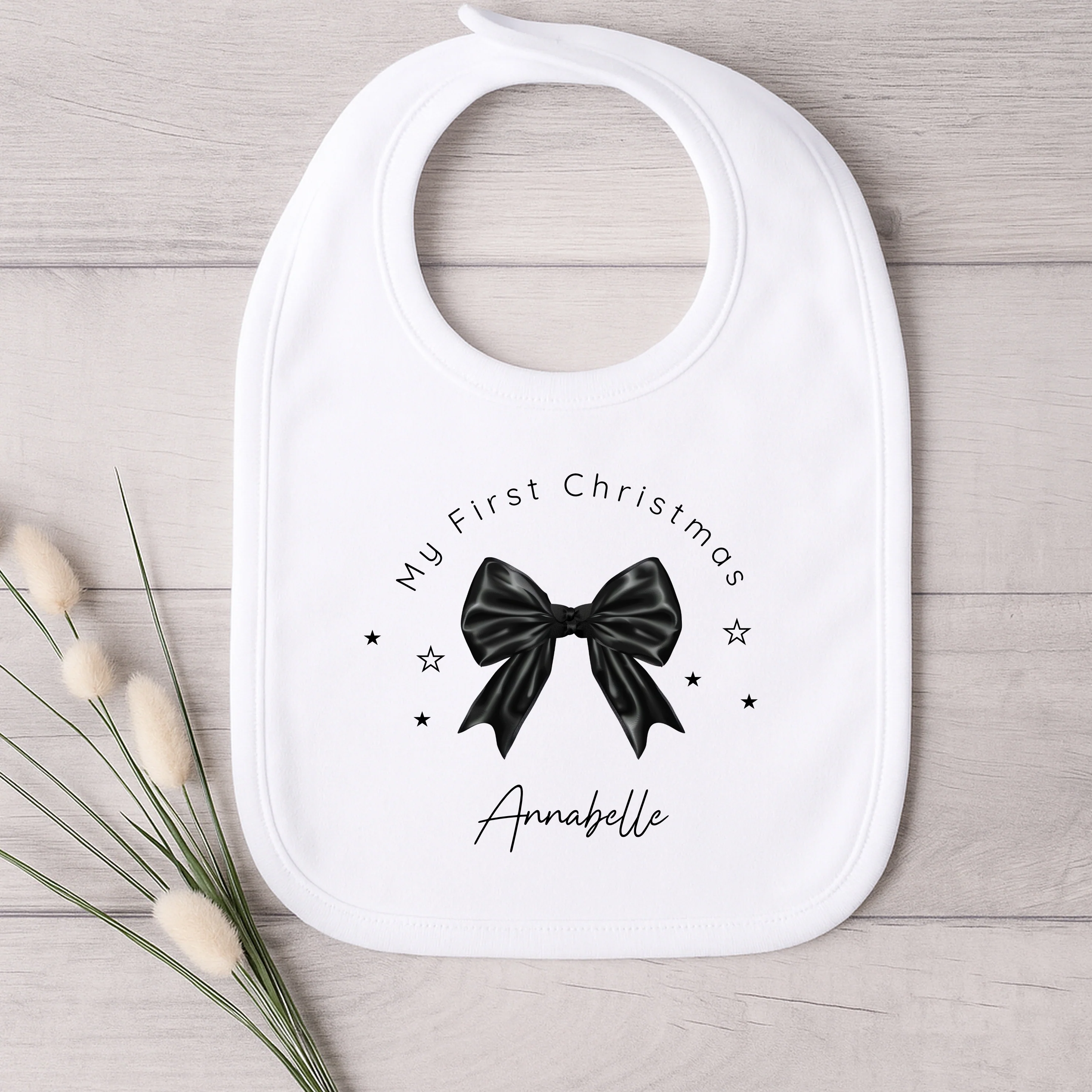Personalised Black Bow My First Christmas Baby Grow, Vest or Bib - Image 3