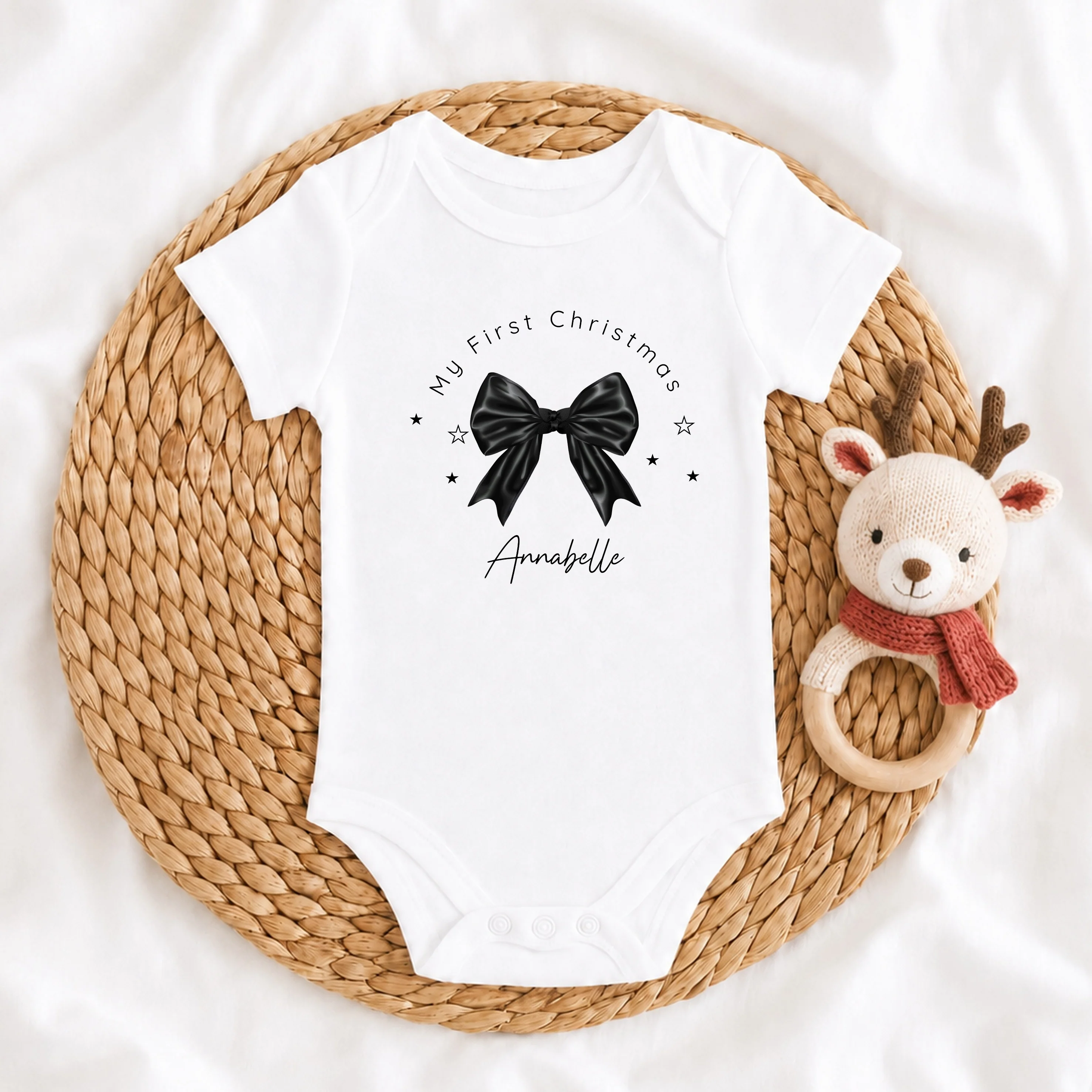 Personalised Black Bow My First Christmas Baby Grow, Vest or Bib - Image 4