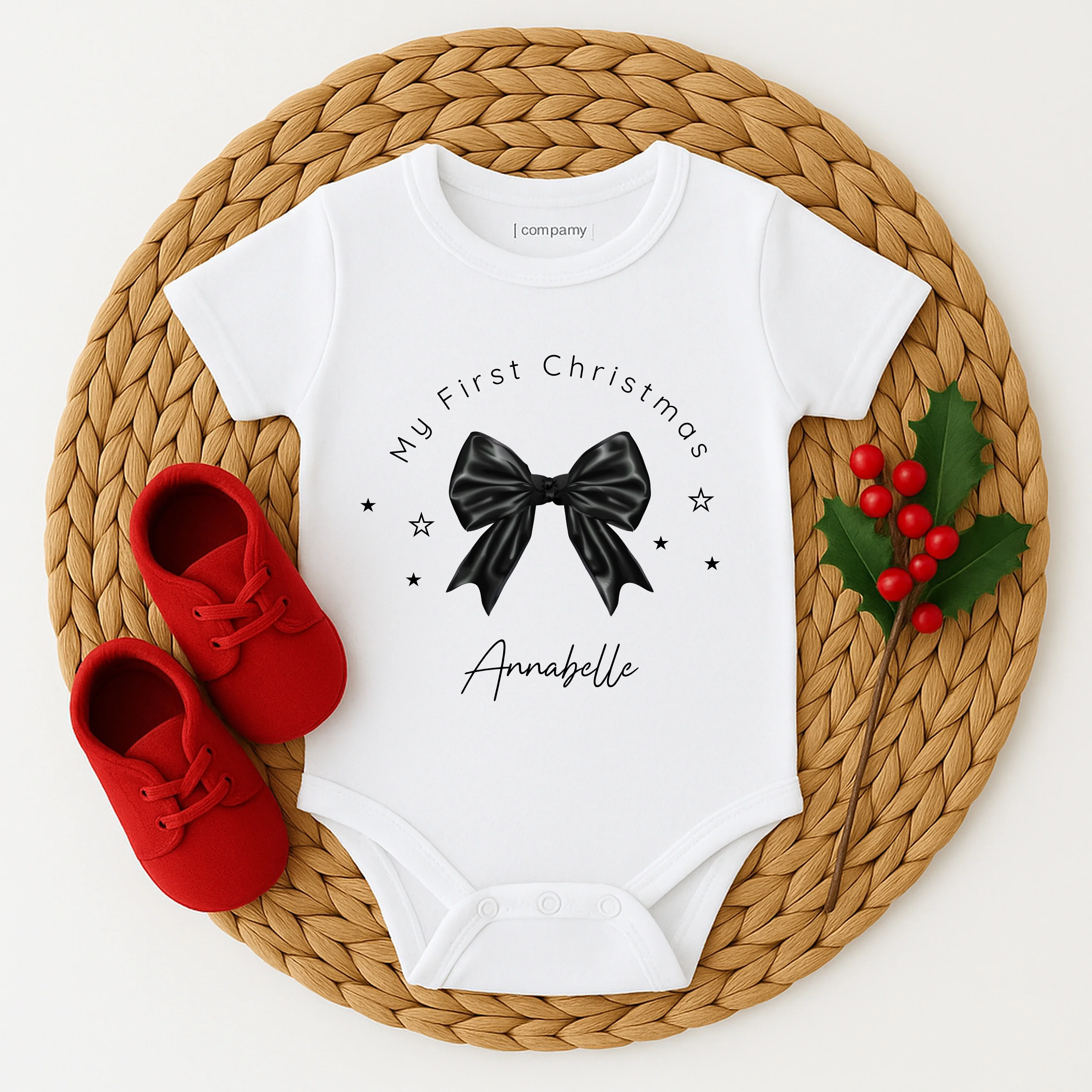 Personalised Black Bow My First Christmas Baby Grow, Vest or Bib - Image 5