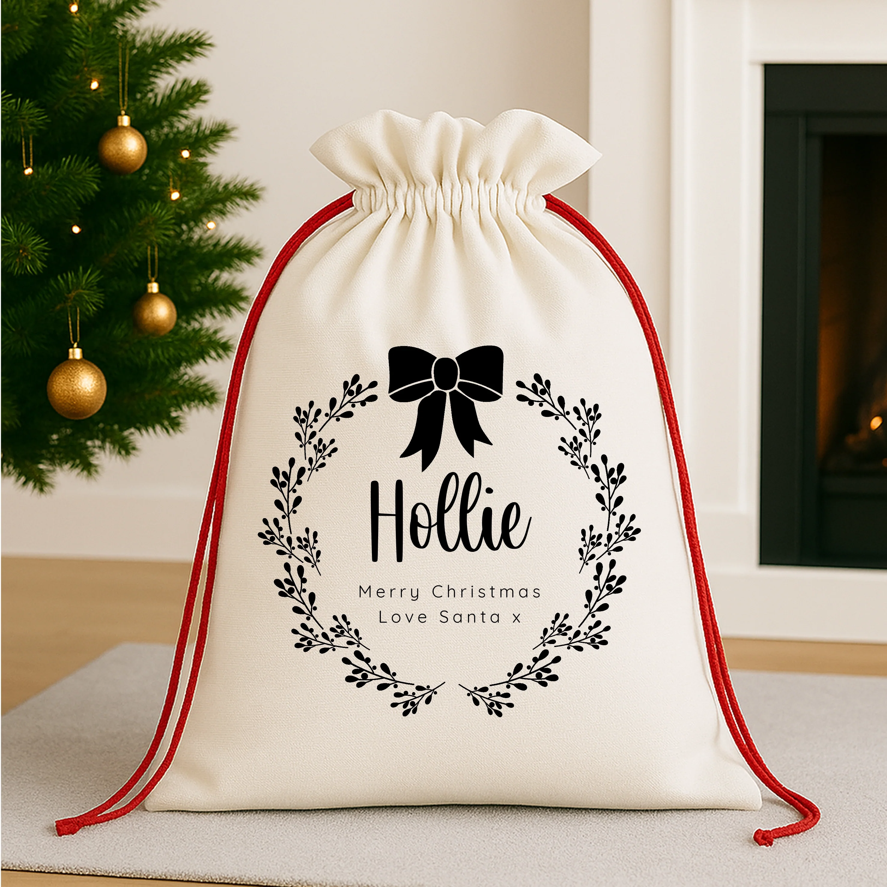 Personalised Black Bow Wreath Santa Sack or Stocking - Image 3