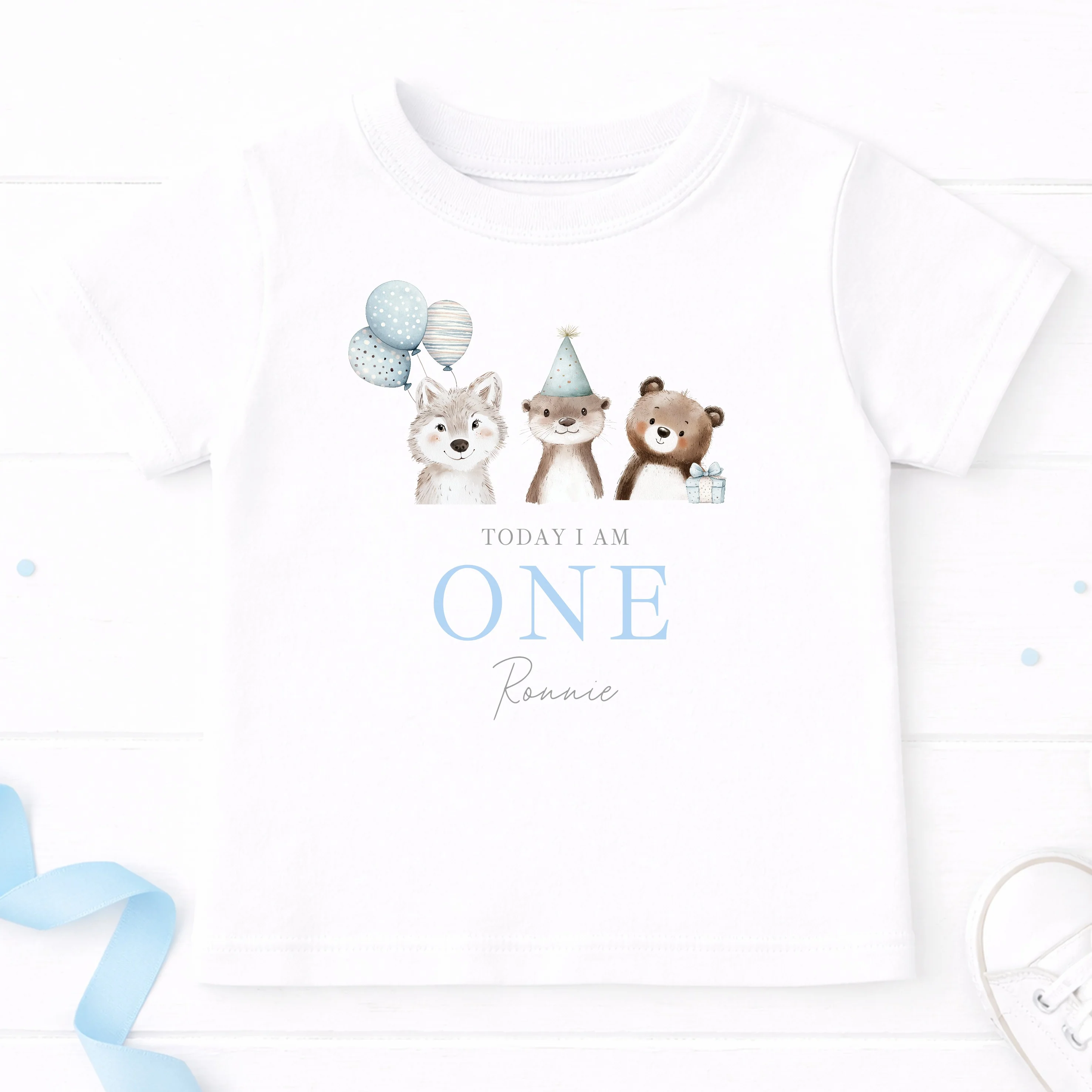 Personalised Blue Animals Today I Am One First Birthday T-Shirt