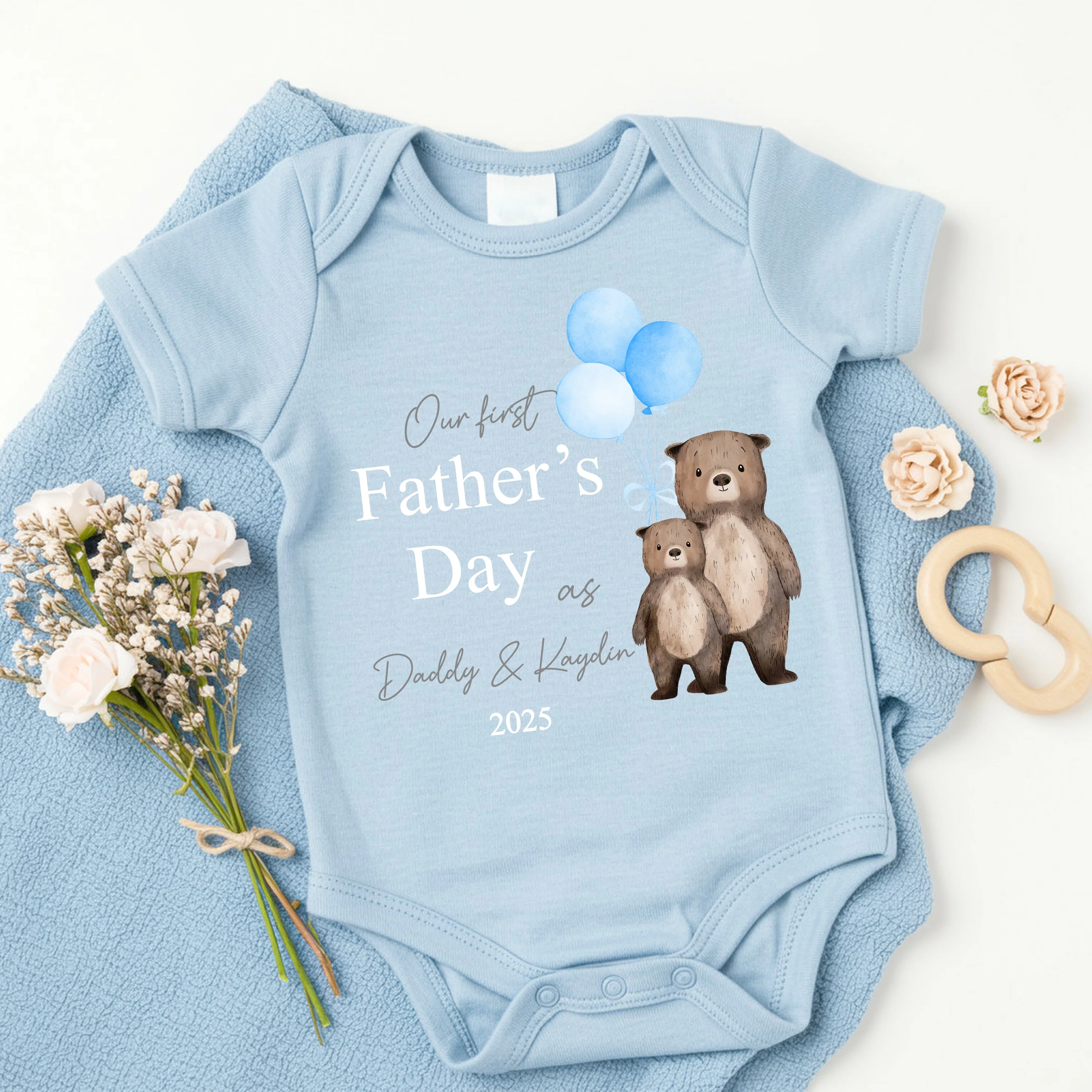 Personalised Blue Balloons Bears Father's Day Blue Babygrow/Vest - Image 2