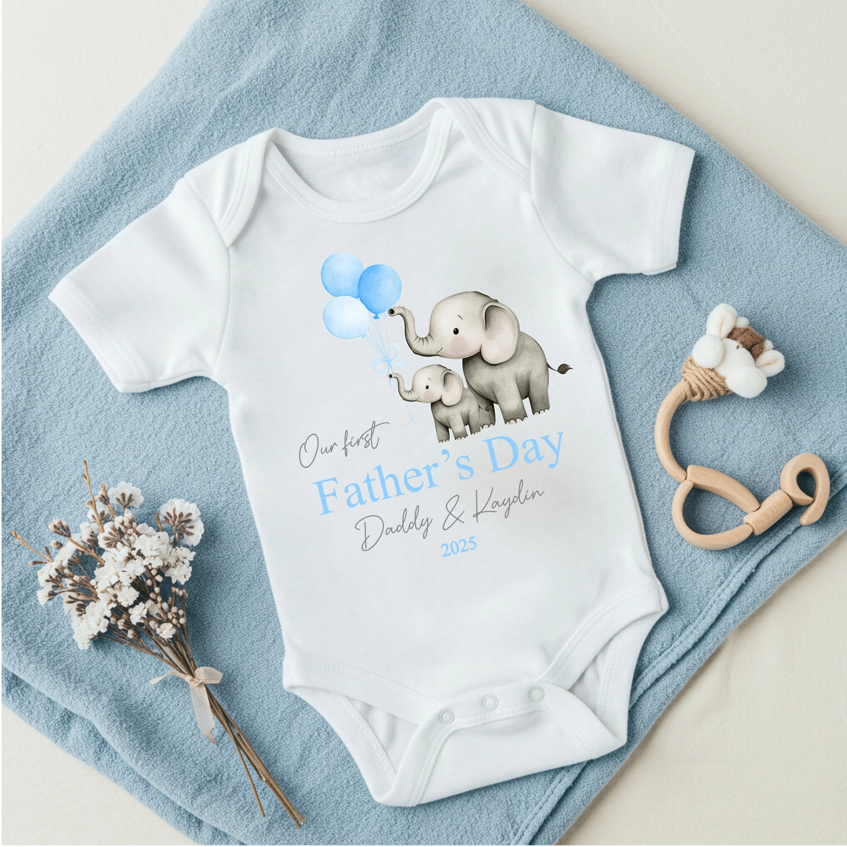 Personalised Blue Balloons Elephants Father's Day Blue Baby Grow or Vest - Image 4