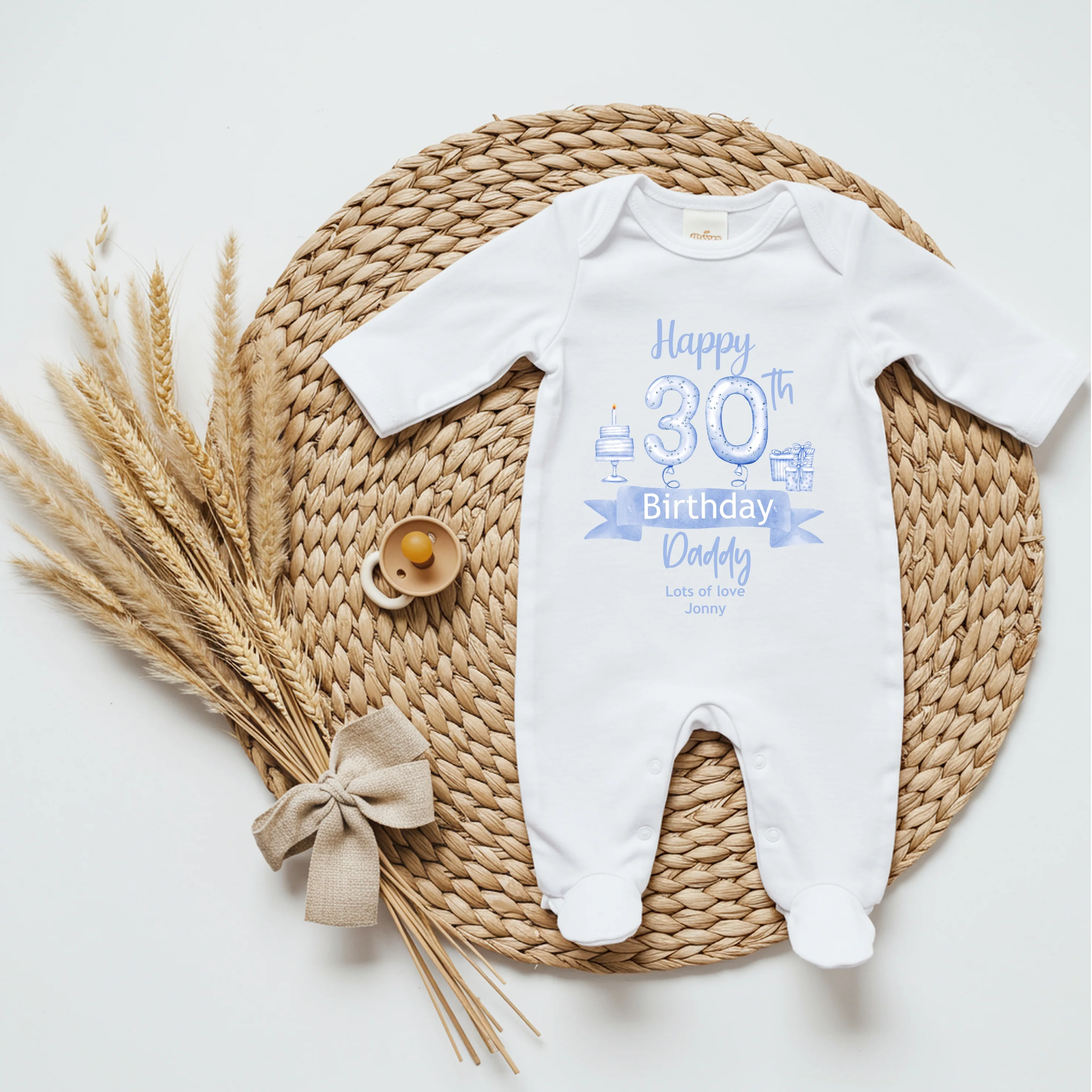 Personalised Blue Balloons Happy 30th Birthday Daddy Baby Grow or Vest - Image 4