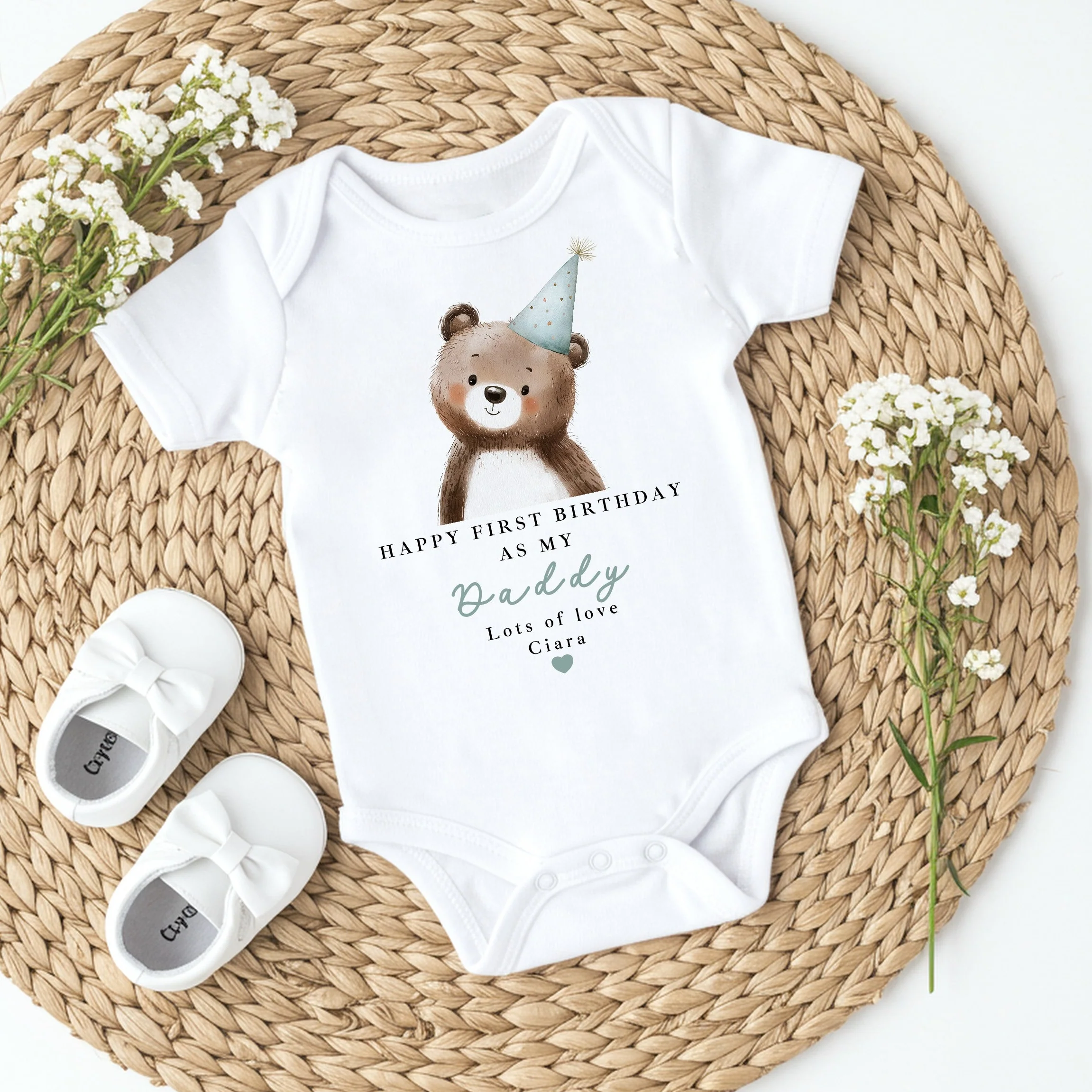 Personalised Blue Bear Happy First Birthday As My Daddy Baby Grow or Vest