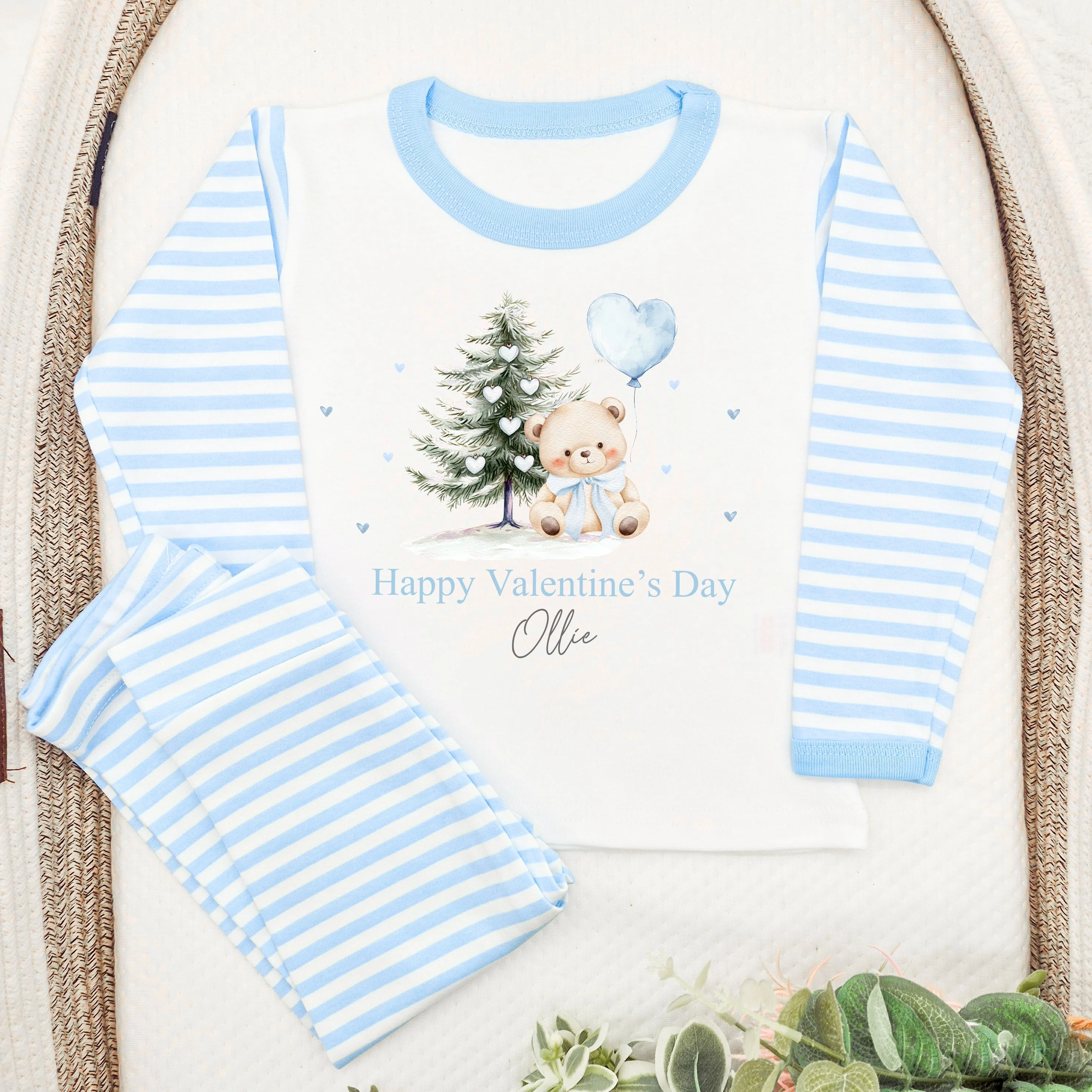 Personalised Blue Bear My First Valentine's Day Blue Stripe Pyjamas - Image 2