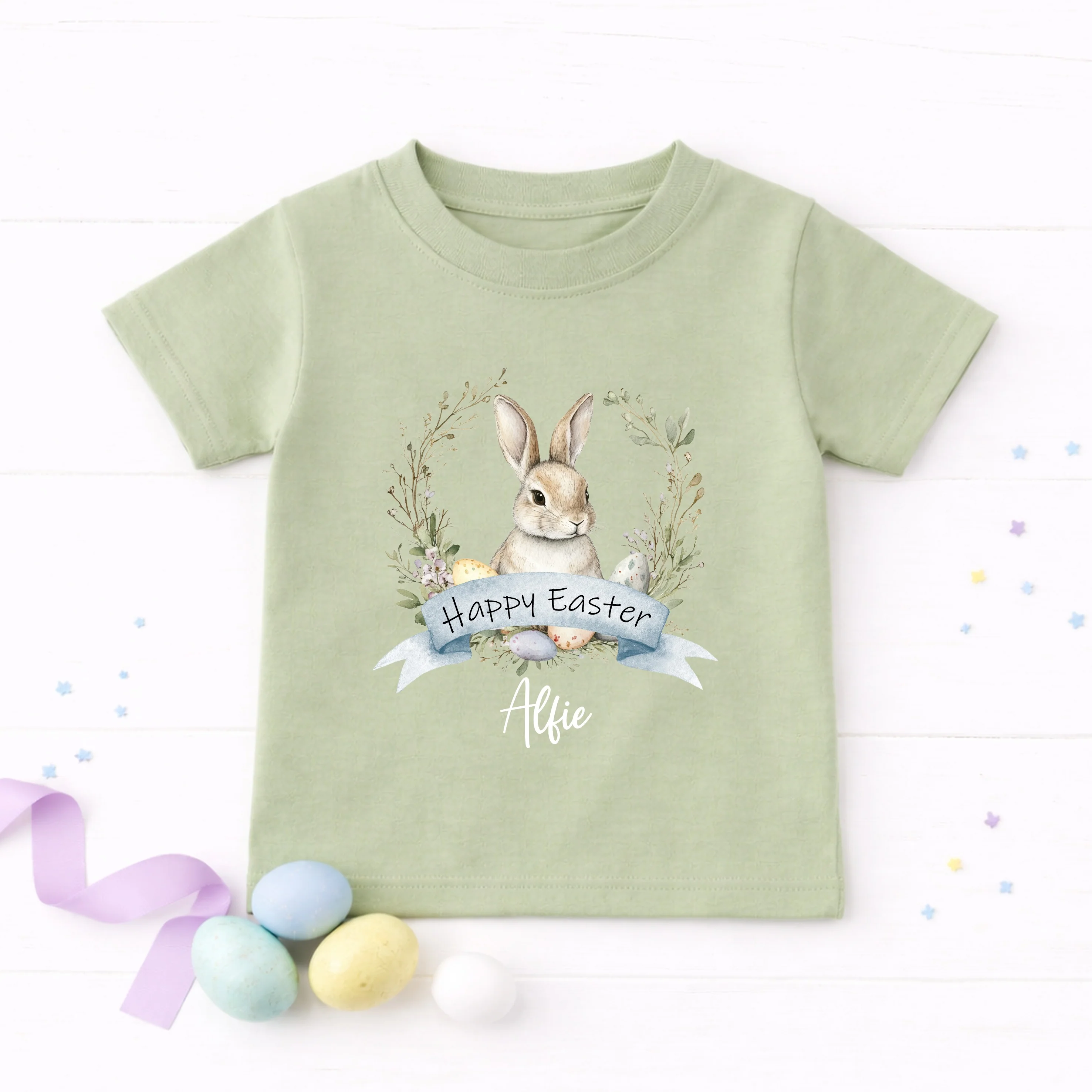 Personalised Blue Bunny Wreath Easter T-shirt - Image 2