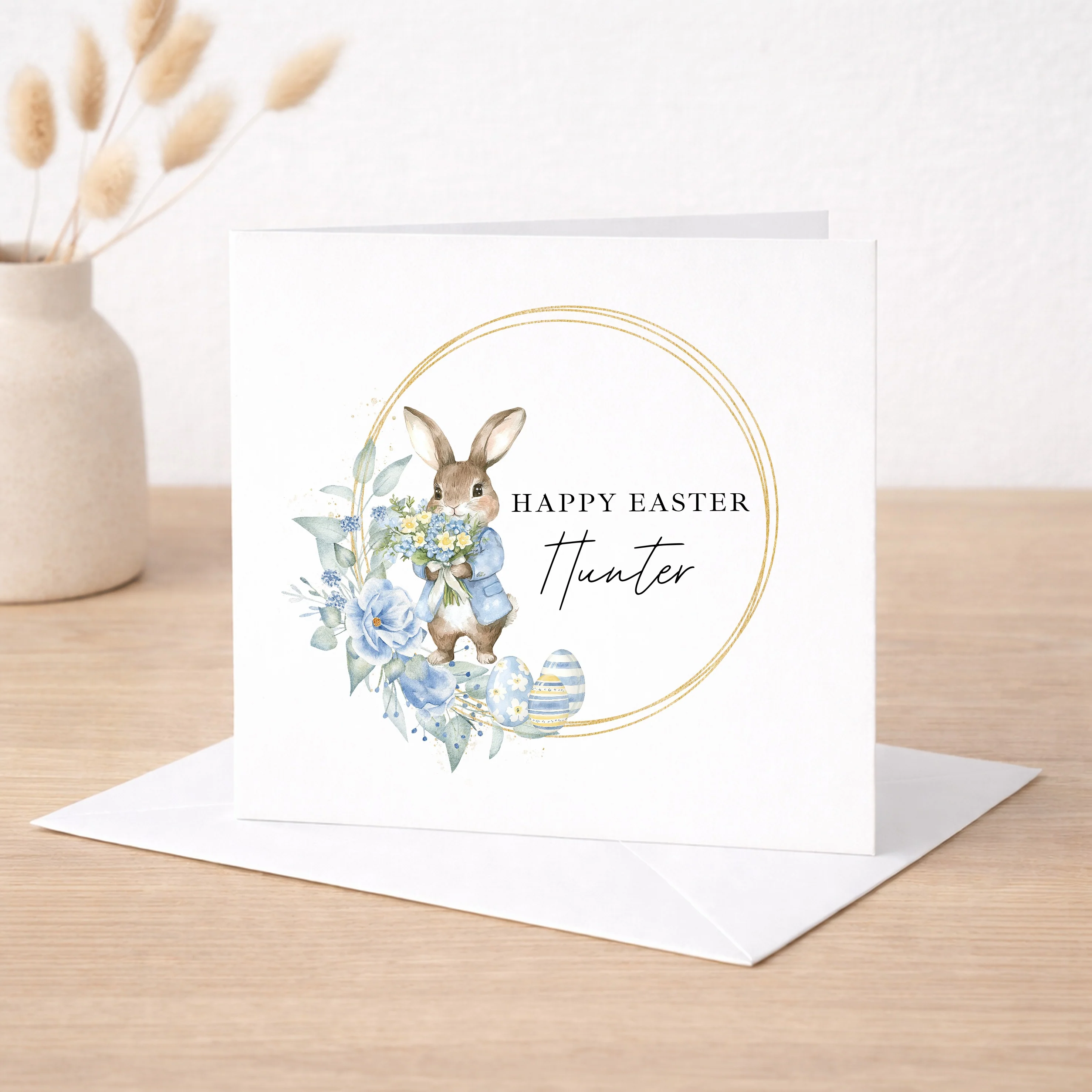 Personalised Blue Bunny Wreath Happy Easter Card - Image 3
