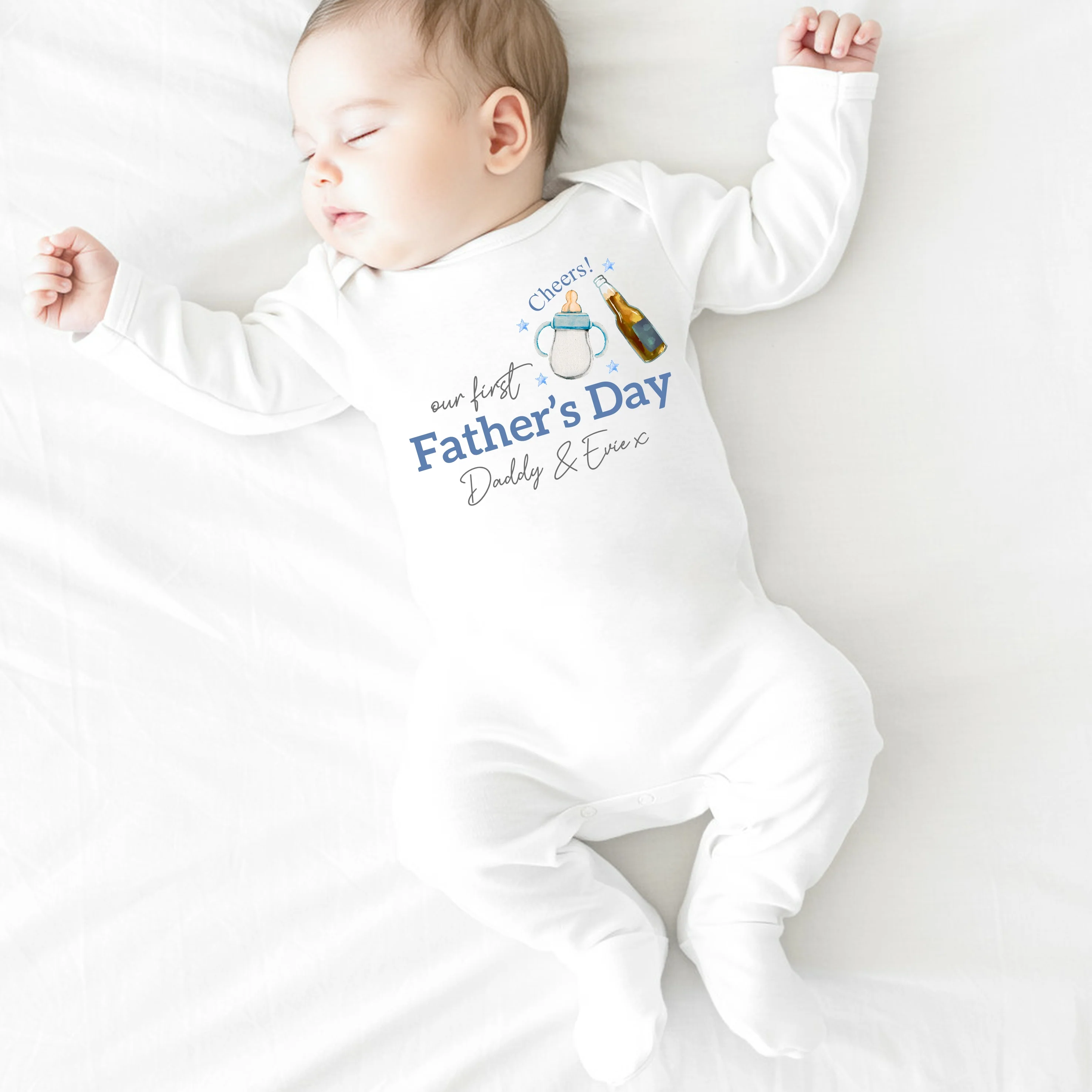 Personalised Blue Cheers Milk Father's Day Baby Grow or Vest - Image 4