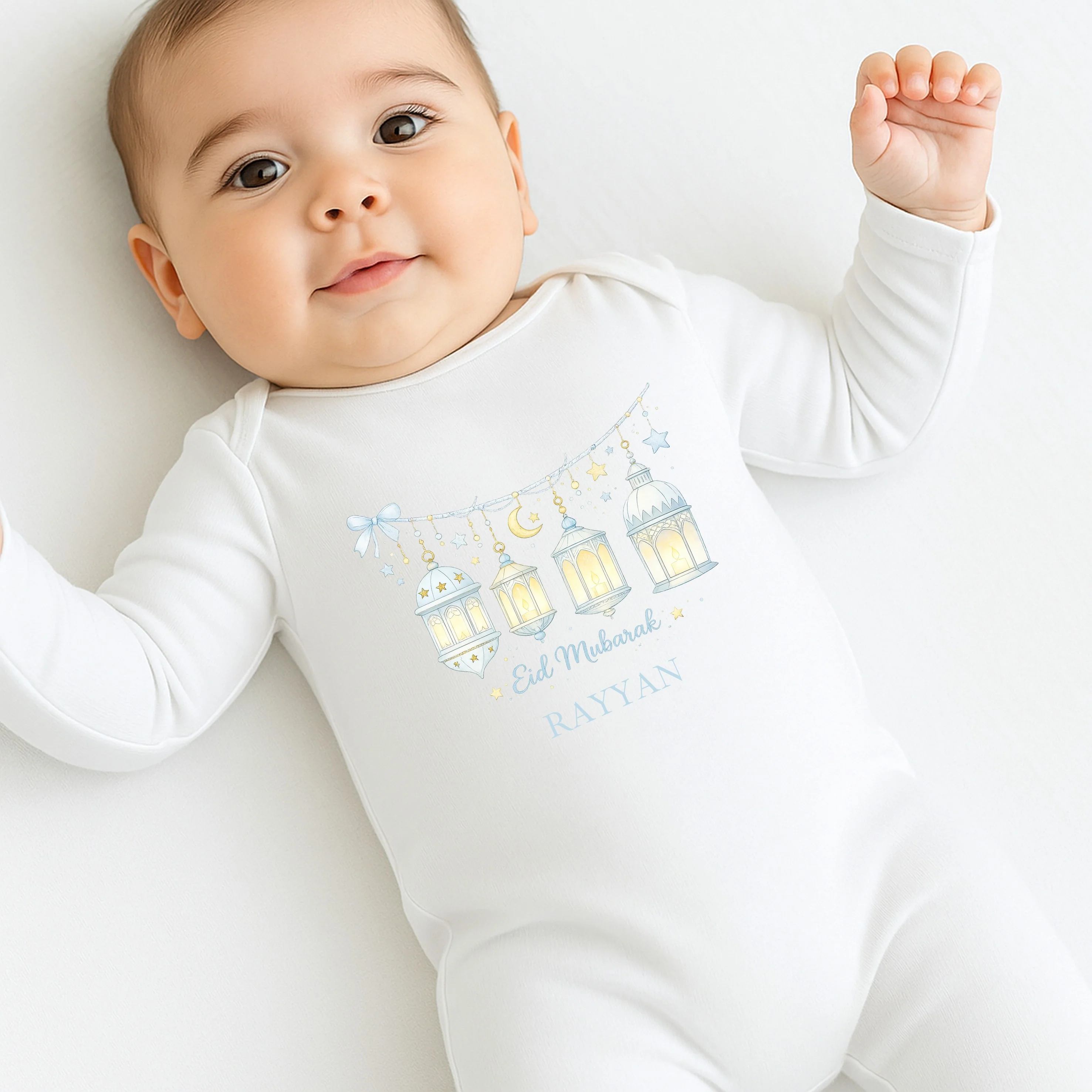 Personalised Blue Eid Mubarak Baby Grow, Vest or Bib - Image 4