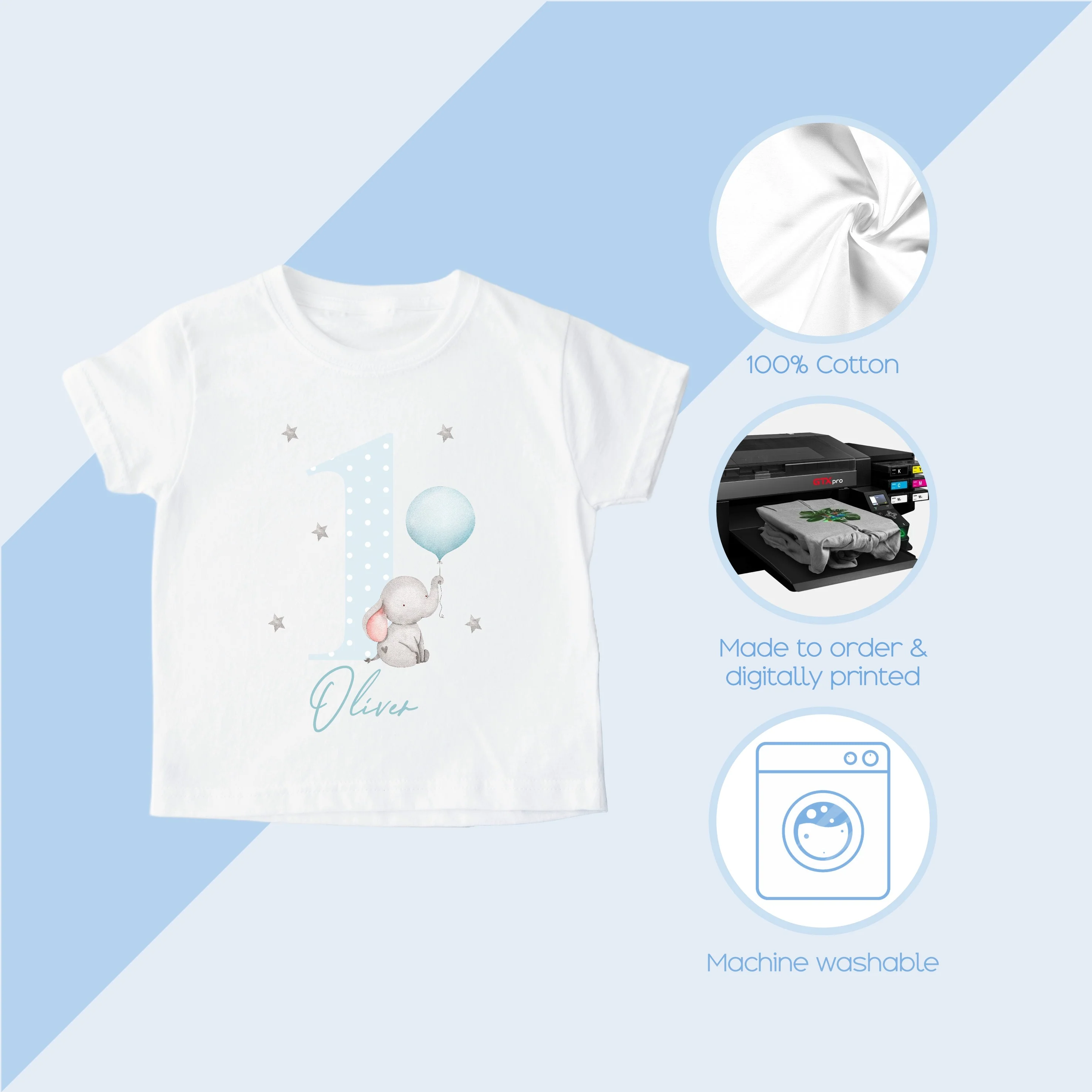 Personalised Blue Elephant Any Age Birthday T-shirt - Image 4
