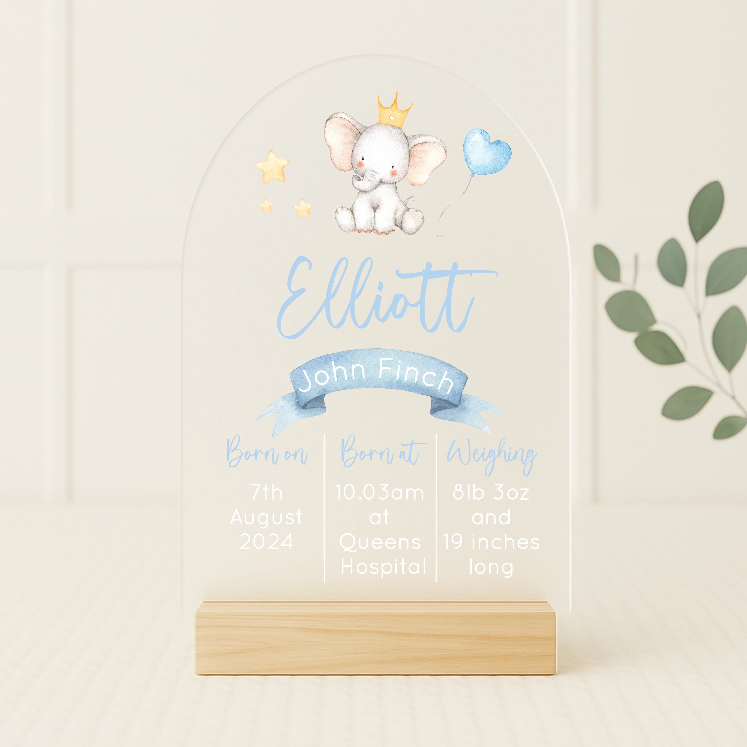 Personalised Blue Elephant Birth Stats Plaque