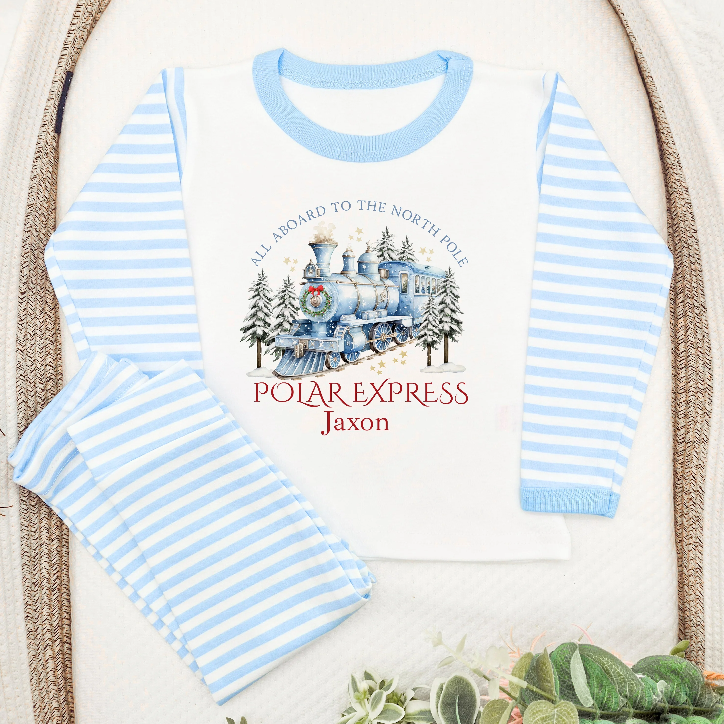 Personalised Blue Festive Train Christmas Pyjamas - Image 2