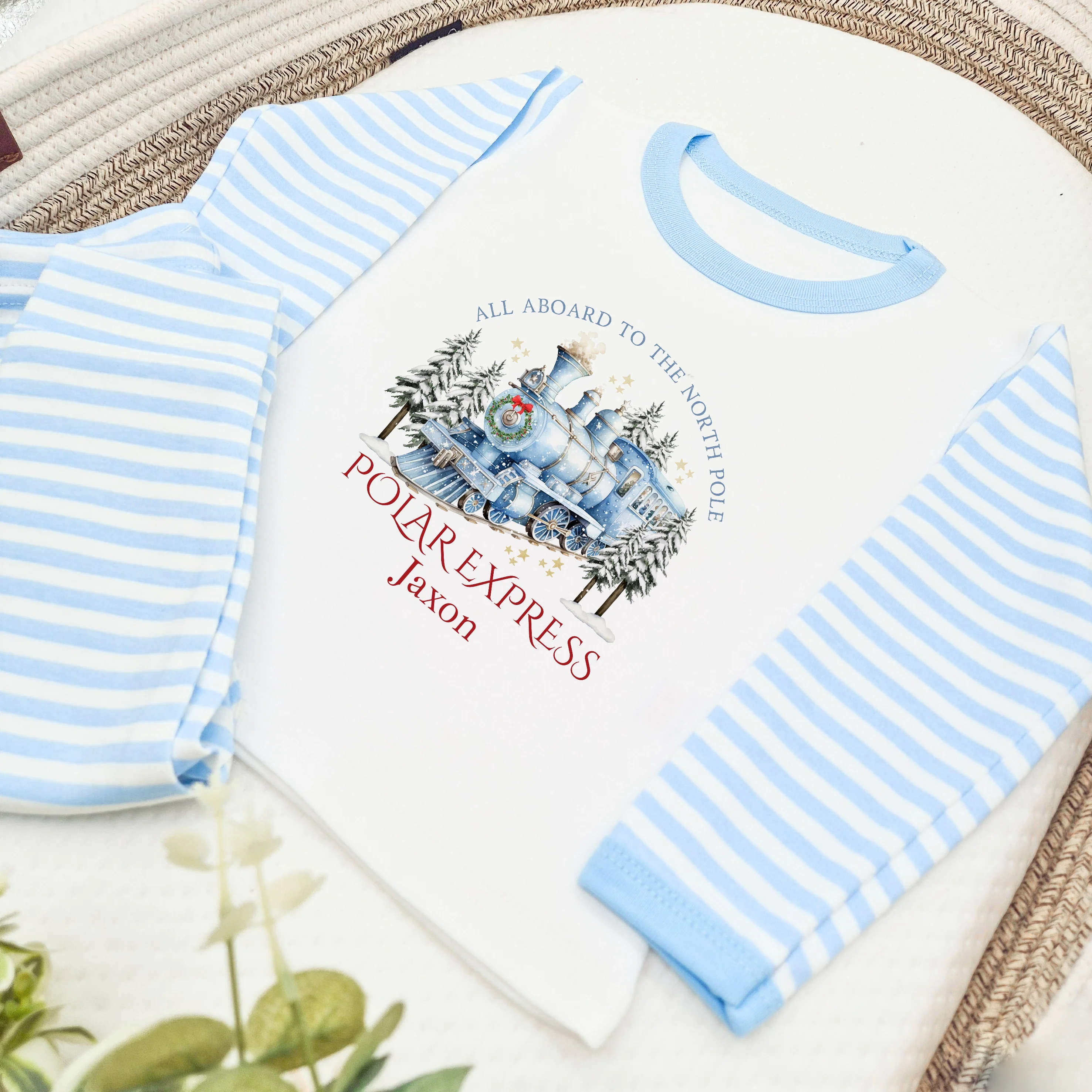 Personalised Blue Festive Train Christmas Pyjamas - Image 3
